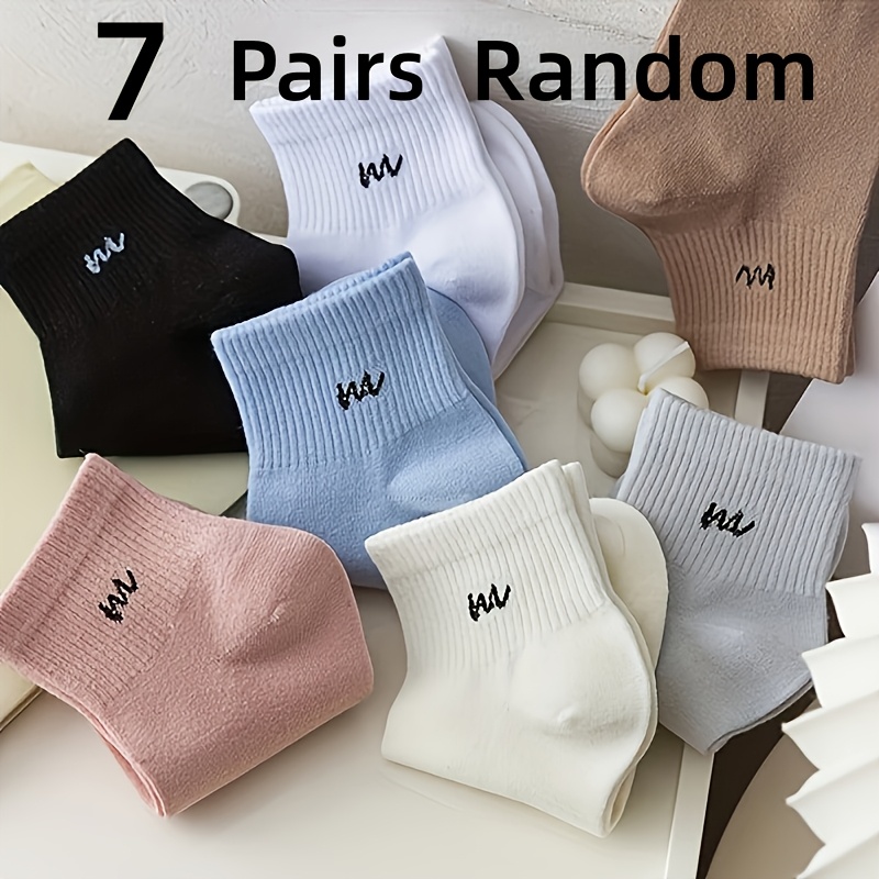 TEMU 5/7 Pairs Random Women's Candy-colored Ribbed Socks, Comfy Solid Color Letter Printed Short Socks For Spring And Summer