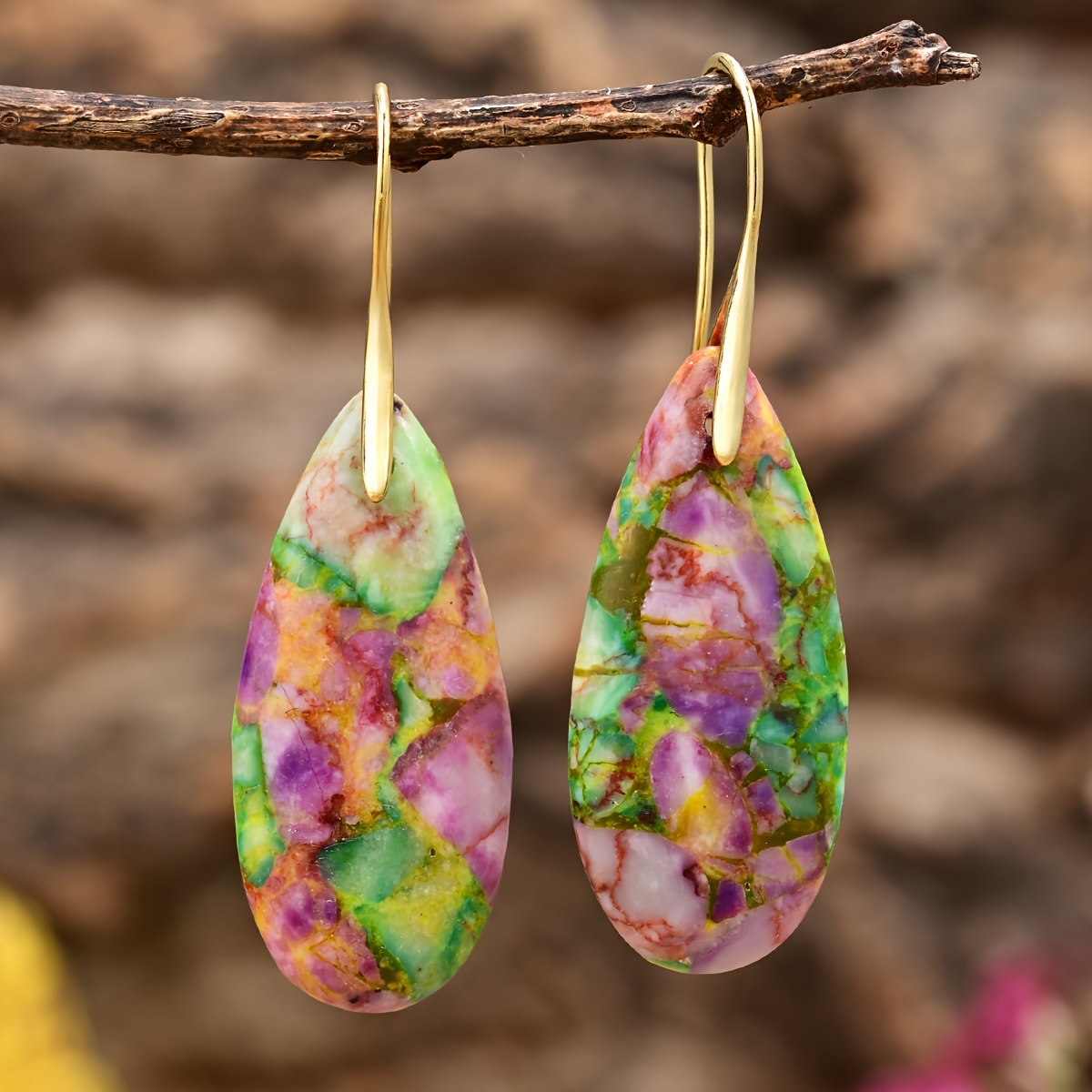 Women's Plated Bohemian Multicolor Stone Long Teardrop Earrings