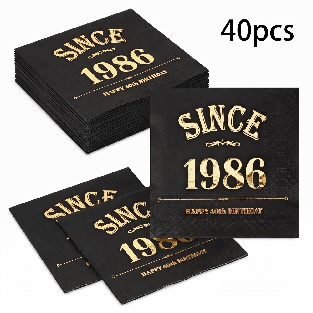 TEMU 40pcs Pack 40th Birthday Napkins Suitable For Milestone Parties - Retro 1986 Themed Disposable Paper Towels With Black Metallic Print, 2-ply