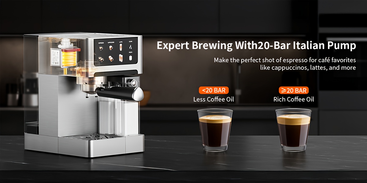 Espresso Coffee Machine, 20 Bar Pressure, 1.8L Water Tank | Automatic Milk Frother, Dual Boiler System, LCD Display, Stainless Steel, Perfect for Home Brewing Authentic Espresso, Cappuccino, and Latte