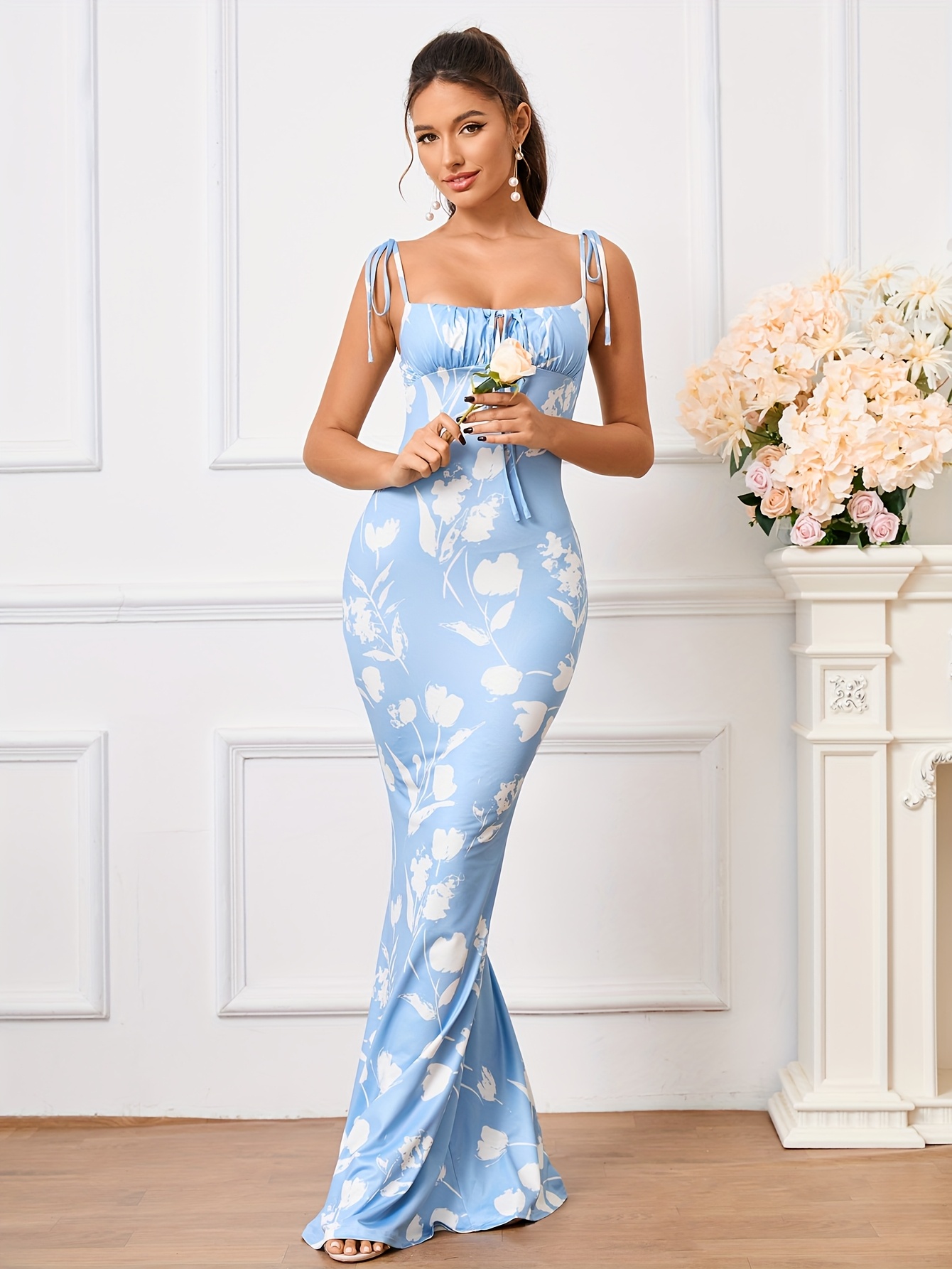 Elegant Off-Shoulder Mermaid Maxi Dress with Floral Print, Ruched Waist & Back Tie - Sleeveless Bodycon Gown for Women, Perfect for Weddings & Formal Events, Wedding Dresses for Bride