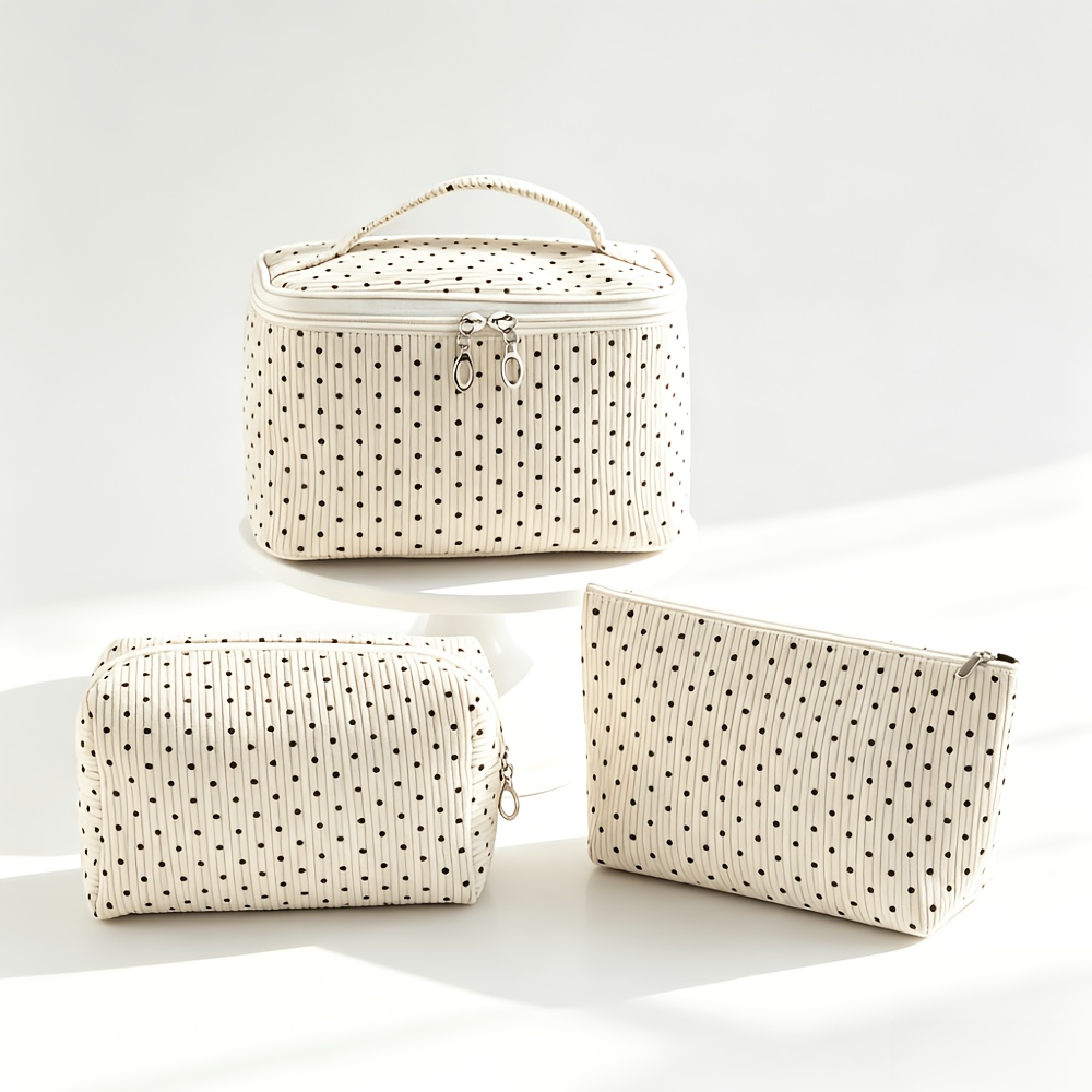 TEMU Cream-colored Polka Dot Makeup Bag 3pcs Set, Portable Travel Cosmetic Organizer, Toiletry Bag