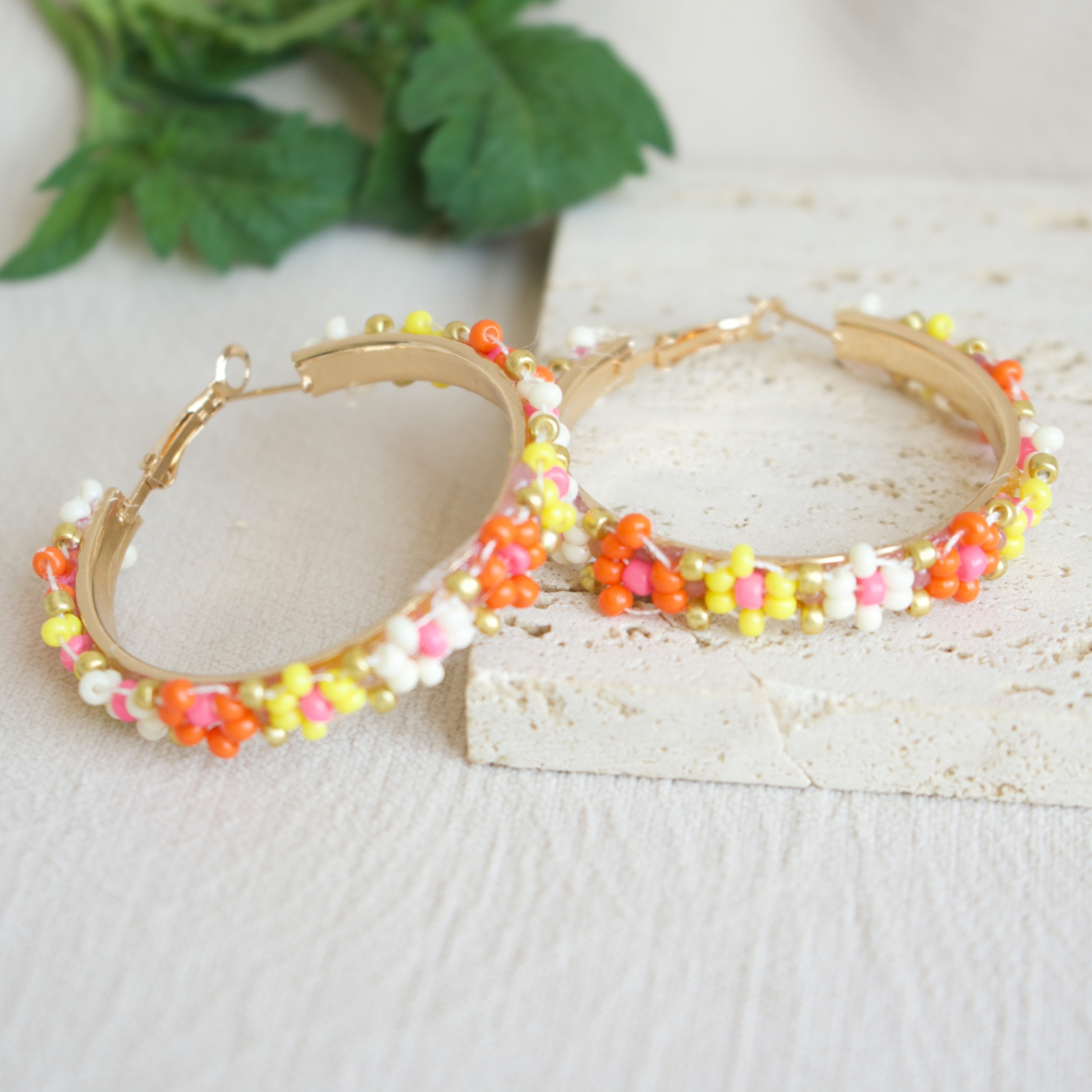 Boho Beaded Hoop Earrings Set, Handwoven Flower Ear Needle