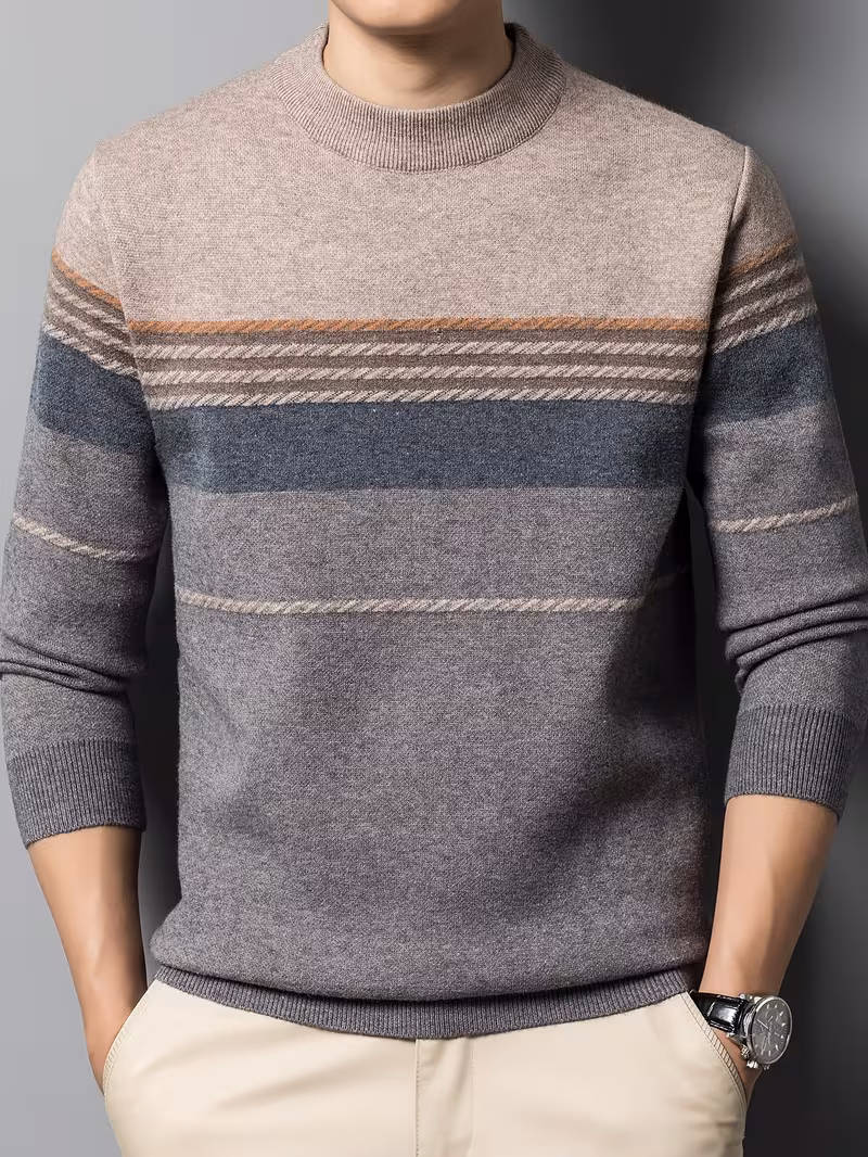 1pc mens casual striped crew neck sweater polyester knit long sleeve pullover mature style solid color warm top for sports and leisure camel 0