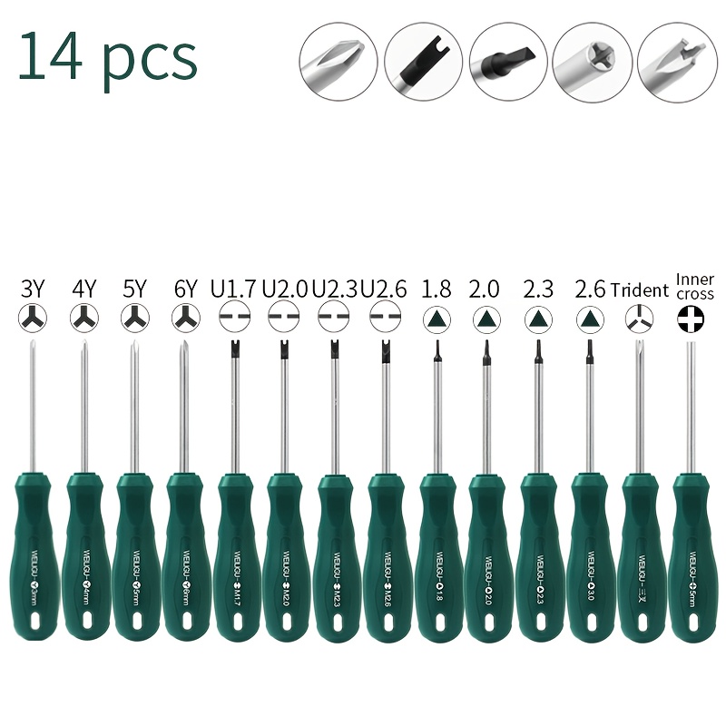 E-shop Dieses Set enthält 14 manuelle Schraubendreher in verschiedenen Formen, wie Dreieck, U-Form, Y-Form, Vierkant und eingeschnittenen Kreuzformen,