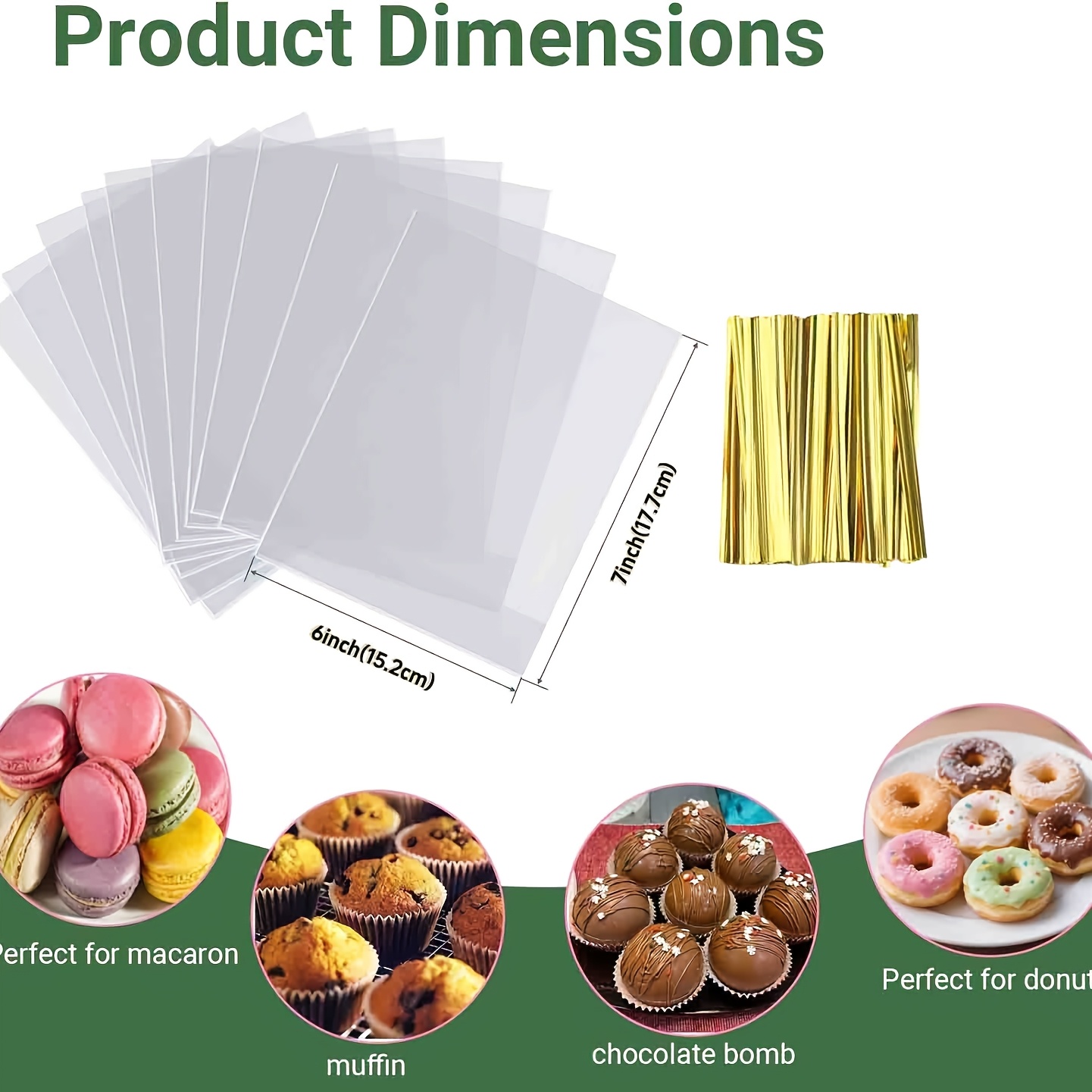TEMU 100-pack 6x7 Inch Cellophane Cupcake Bags With Golden Twist Ties, Flat Bottom - Bakery Packaging For Muffins, Chocolate Bombs, And Macarons -