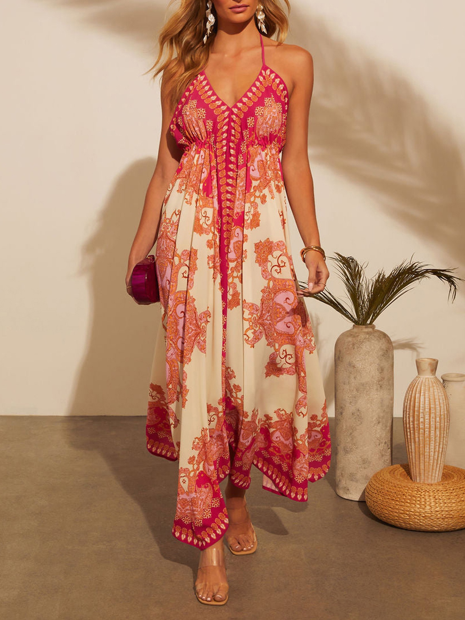 womens bohemian halter neck dress floral geometric - Temu