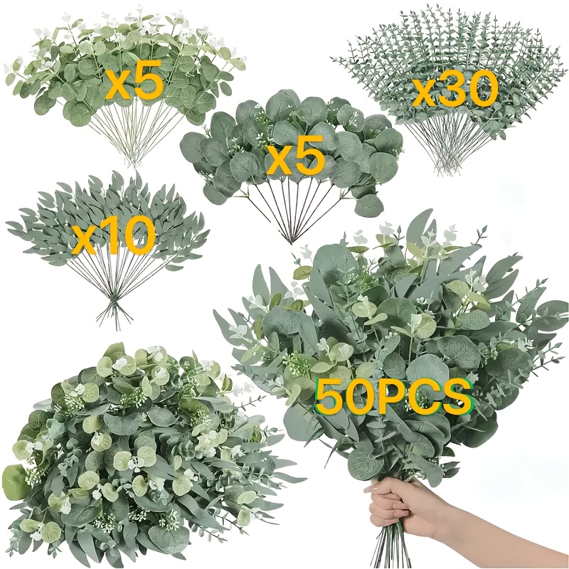 50 Artificial Mixed Eucalyptus Leaves, 4 Kinds Of Willow Silver Eucalyptus Leaves , Suitable For Bouquets And Home Decoration, Is The For Lovers' Day, Mother's Day
