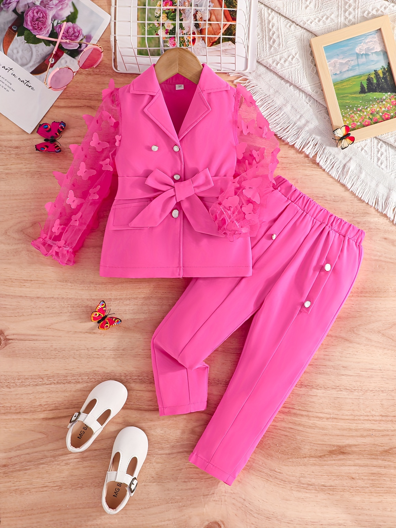 2pcs Girls' Butterfly Blazer and Solid Color Pants Set