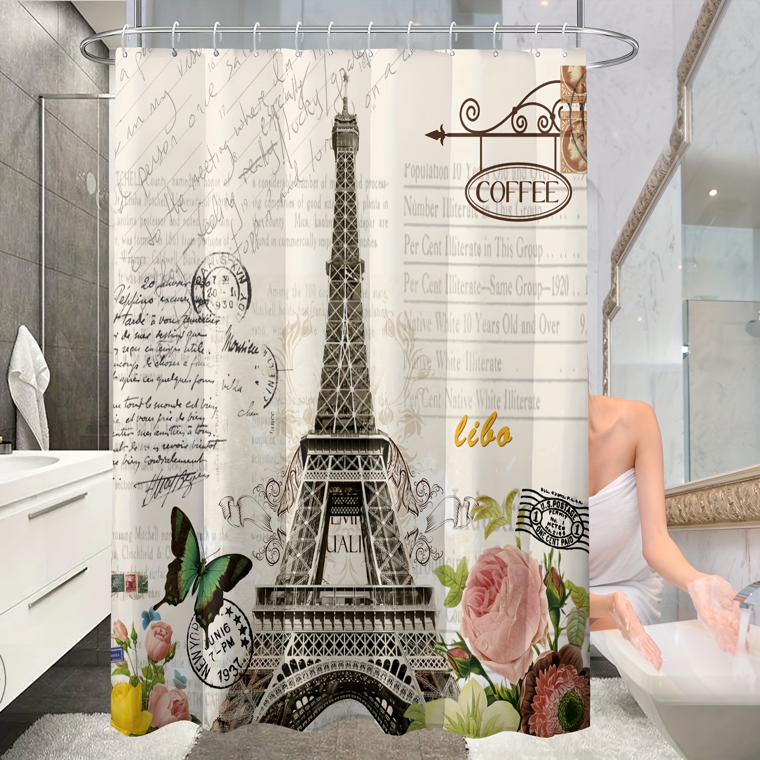 

Vintage Shower Curtain Set With 12 Hooks - Waterproof Polyester, Machine Washable, Floral Window Design For Bathroom Decor
