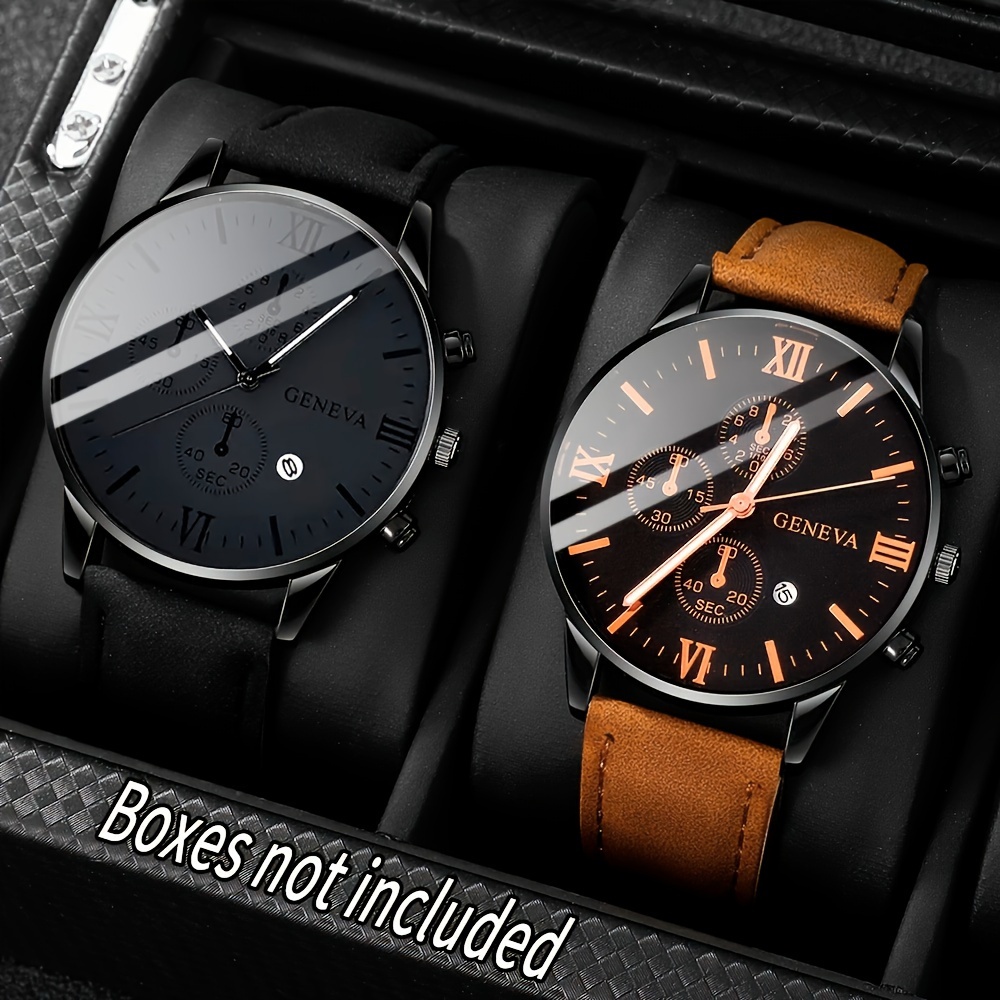 Set de 2 Piezas de Reloj de Cuarzo con Correa de Cuero de Lujo para Hombre - Reloj de Calendario Elegante con Correa de Cuero PU, Pantalla Analógica y Caja de Aleación - Regalo Ideal para la Escuela, Graduación o Cualquier Ocasión Especial