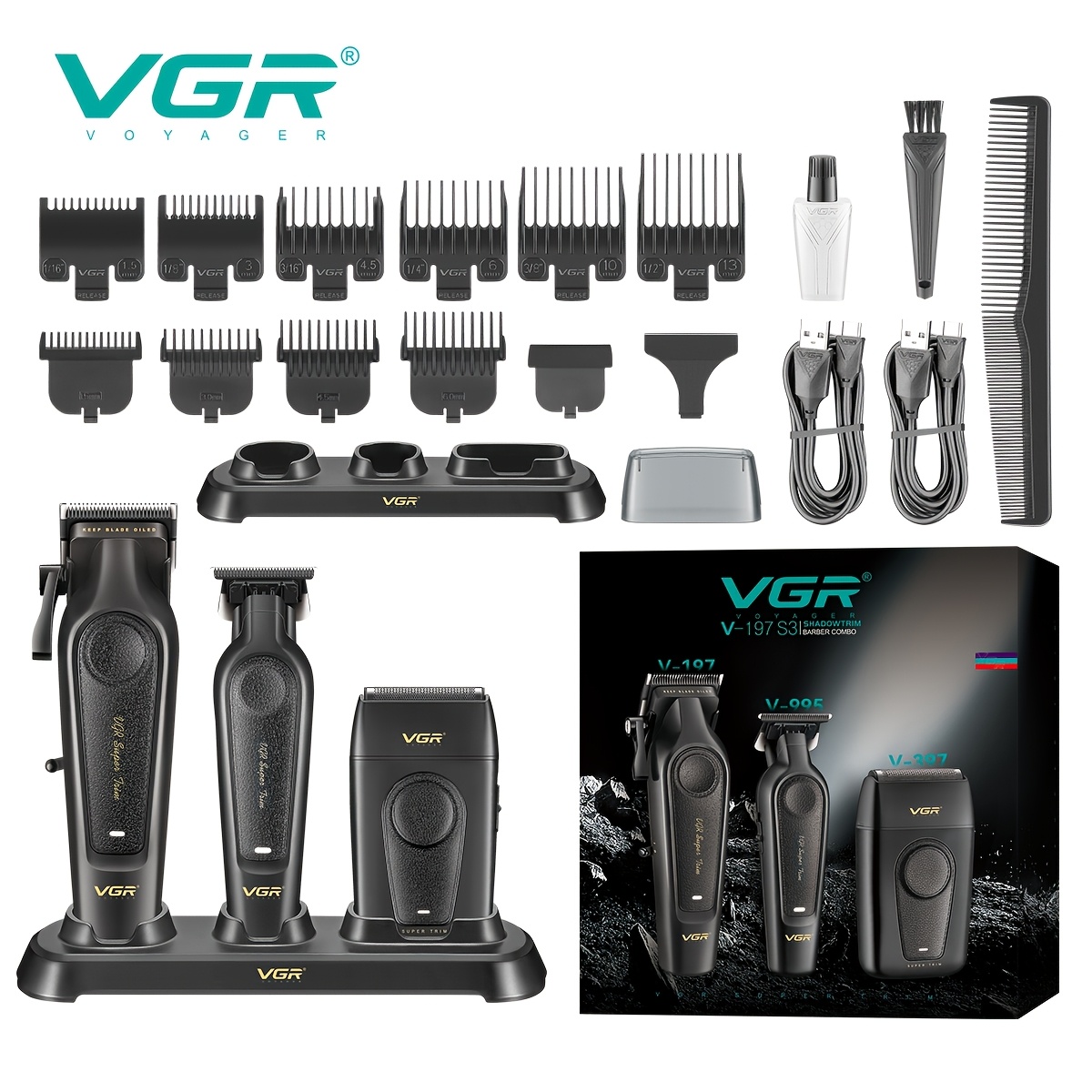 Image of Vgr V-197 S3 Electric Hair Clipper And Shaver Set, Black, For Hair Cutting, Shaving, And Body Hair Trimming, Includes Charging Dock, Combs, And Guard Combs, A Great Gift For Men