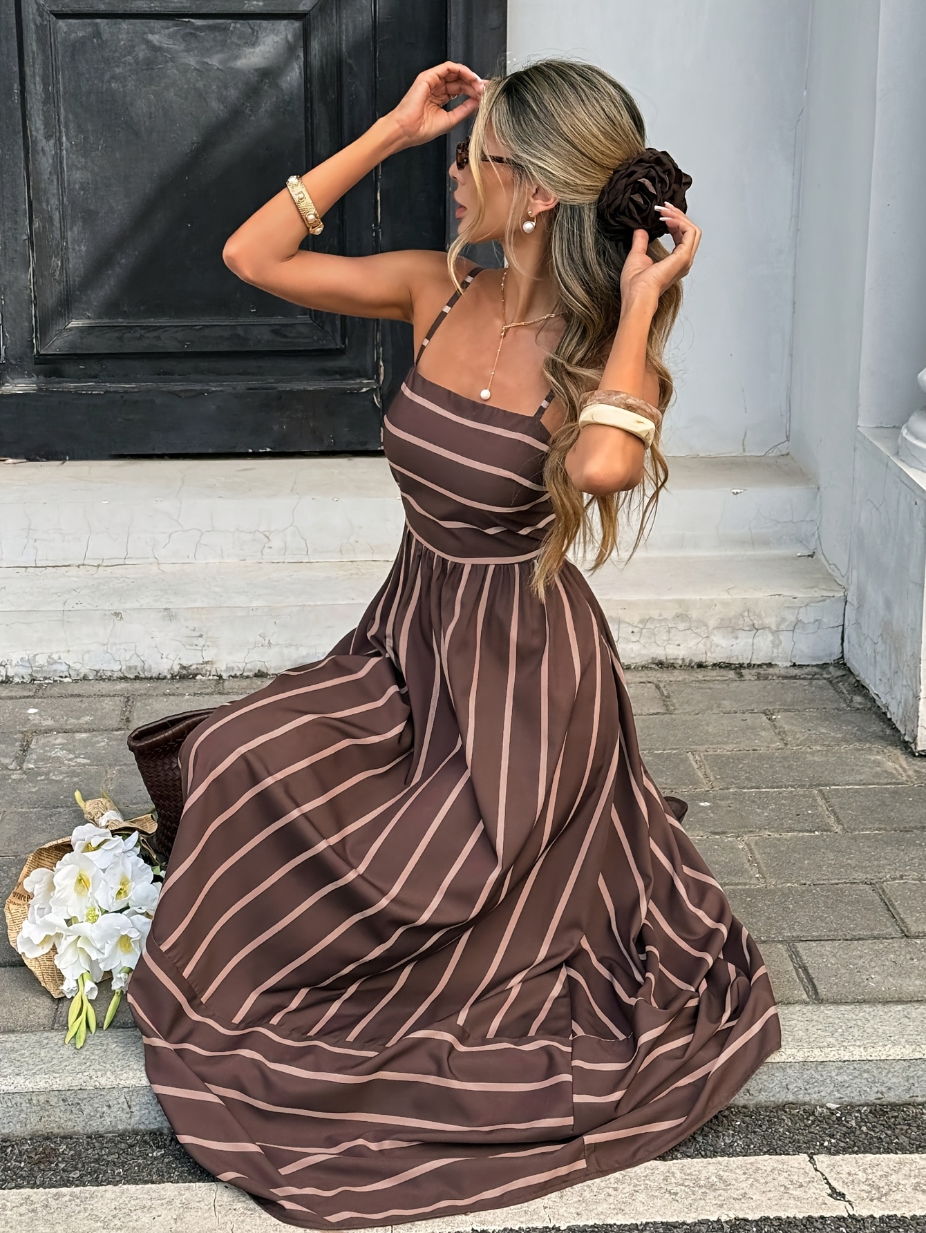 striped formal & gown maxi dress for women self-portrait - Navy Stripe Georgette Maxi Dress main image 1