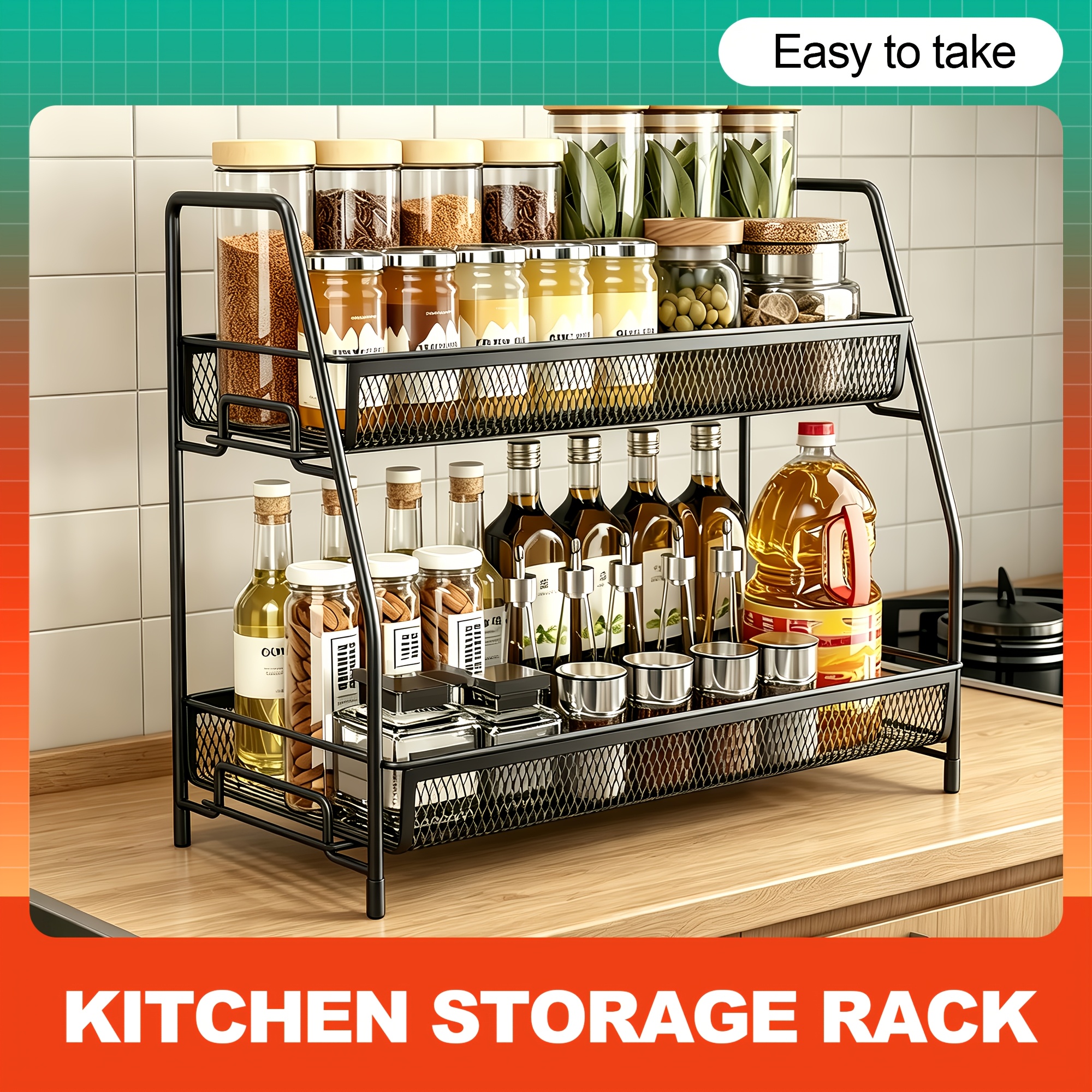 TEMU Double-layer Metal Spice Rack With Safety Railing; Kitchen Spice Rack; Space-saving Kitchen Cabinet And Countertop Storage; ; Easy Metal Shape;