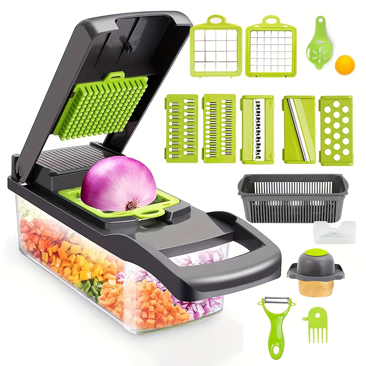 16 in 1 vegetable chopper multifunctional manual food   kitchen cutter with container mandoline for onion carrot garlic uncharged plastic kitchen gadget set with drain basket details 0