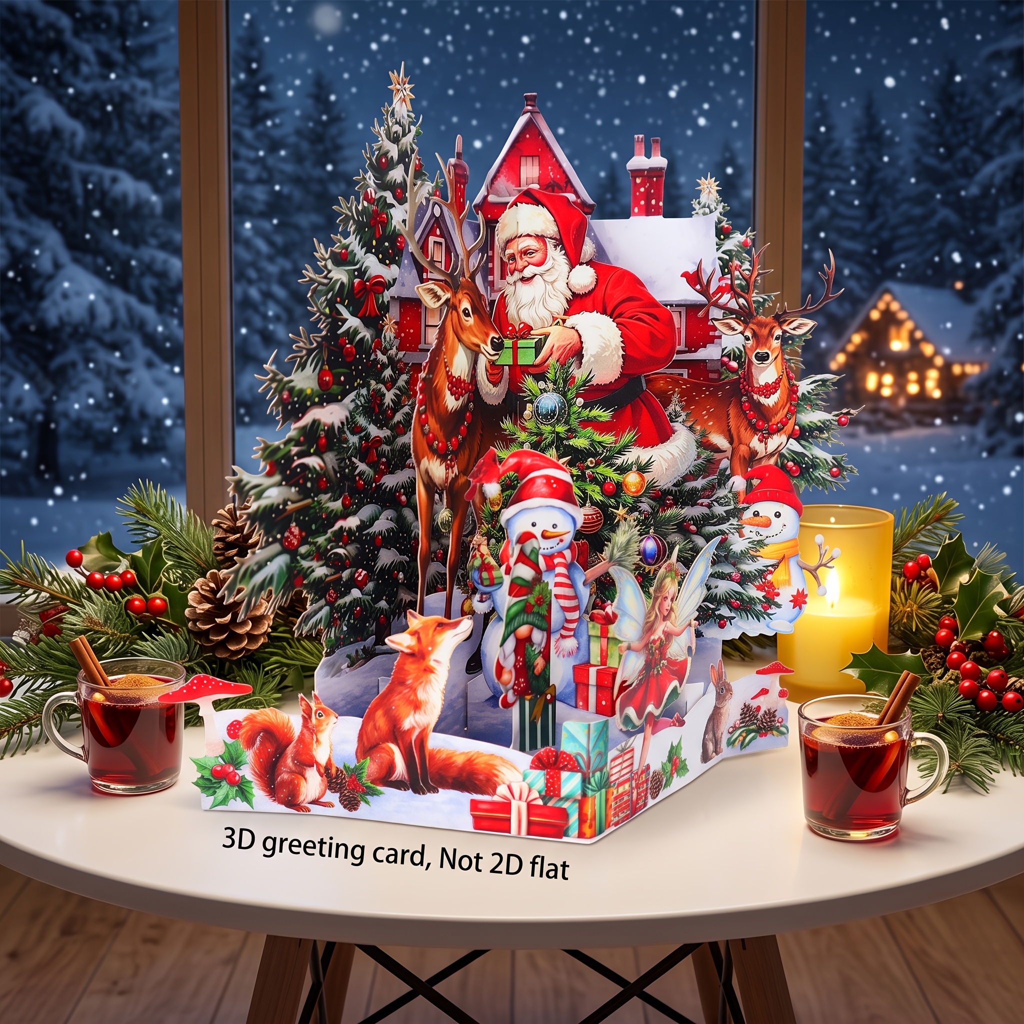 TEMU Christmas 3d Pop-up Card With Envelope, Santa Claus, Reindeer, Snowman, Christmas Elf, Fox, Squirrel, Rabbit, Christmas Tree, Snowy Cottage,