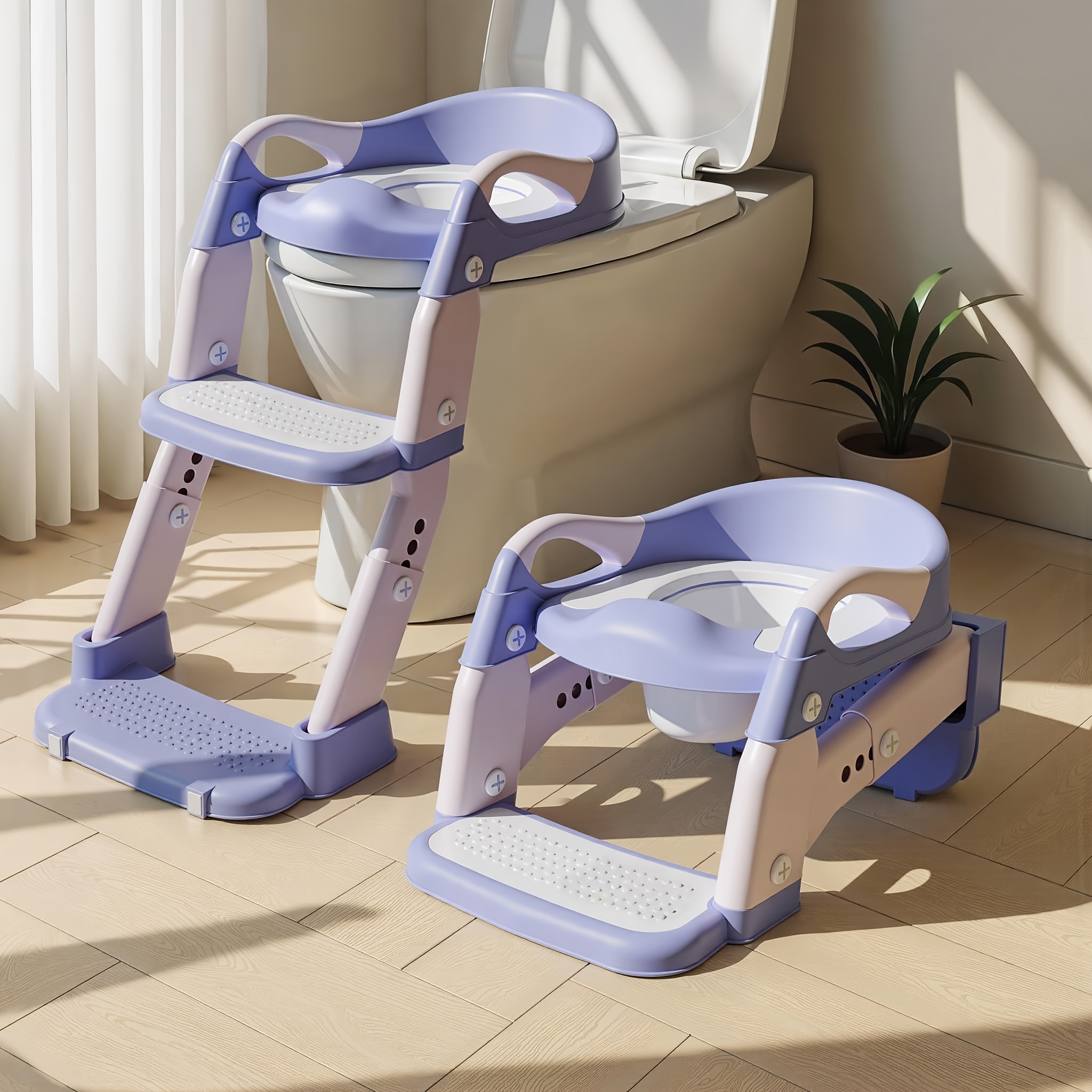 TEMU 3in1 Portable 's Potty Training Toilet Seat – Adjustable, Foldable Step Stool With Safety Harness, Mixed Color, Plastic –ideal For Home Use,