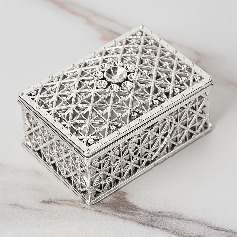 1pc Mini Hollow Storage Jewelry Box Silvery Hollow Floral Pattern Jewelry Box Necklace Earring Ring, Jewelry Boxes
