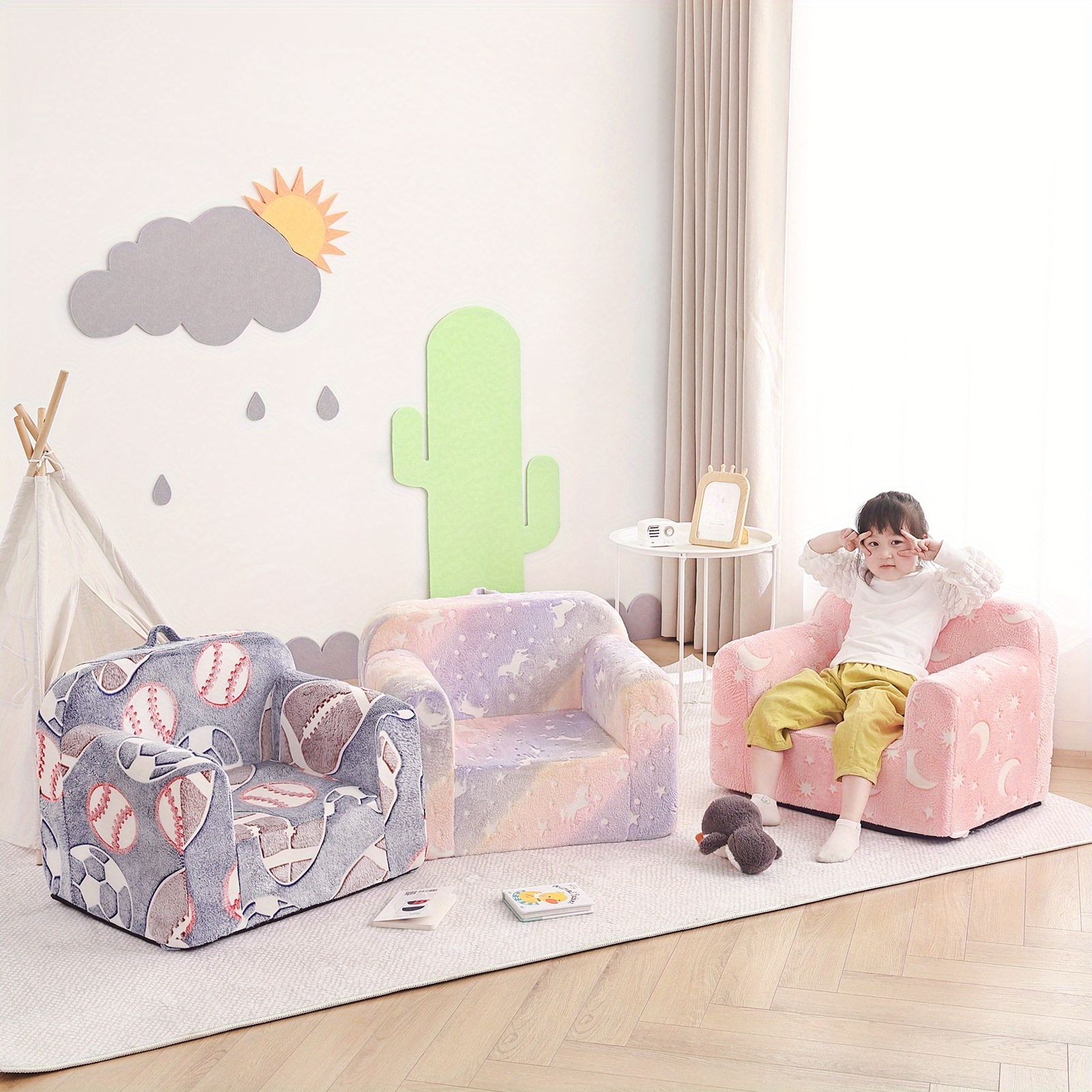 Welnow Sofa, Couch for Kids with Carry Handle And Side Pockets, Foam Chair for Toddlers, Armrest Chair for Kids, Reading Sofa for Boys Or Girls