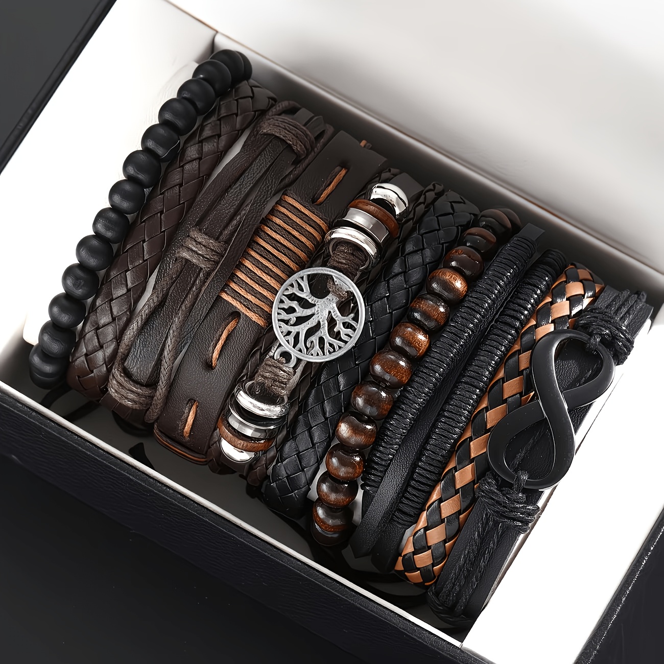TEMU 10pcs Men's Stackable Braided Bracelet With Wooden Beads, Pu, And Alloy Tree Of Life Vintage Fashion Bangle, Box Not Included