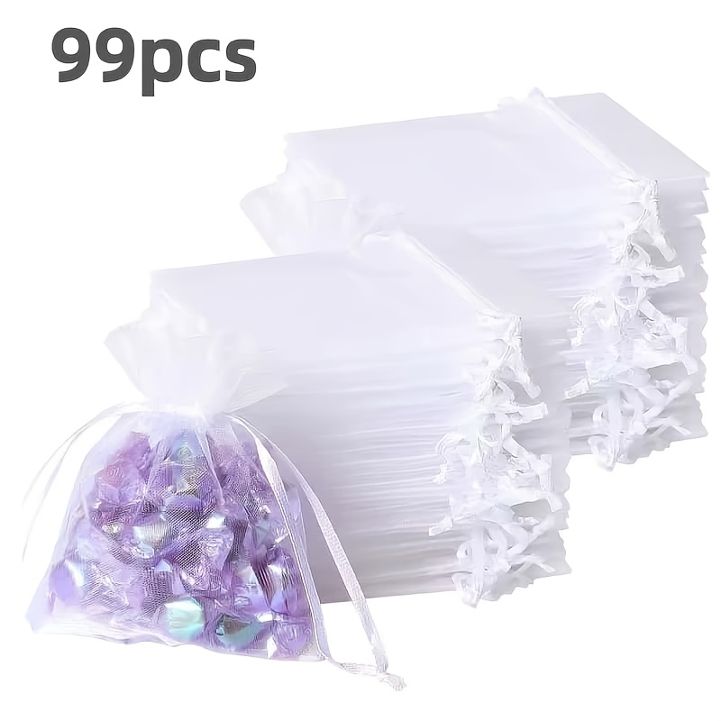 TEMU 99 Pieces Of Large 10*15cm (3.94*5.91in) White Breathable Mesh Organza Bags, Transparent Drawstring Bags, Suitable For Wedding Favors, Jewelry