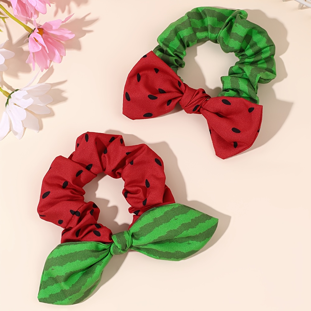 TEMU 2pcs Cute Watermelon-colored Bow Hair Scrunchies Delicate Elastic Hair Ropes For Ladies Ponytail Holders Soft Fabric Hair Additions Ideal For
