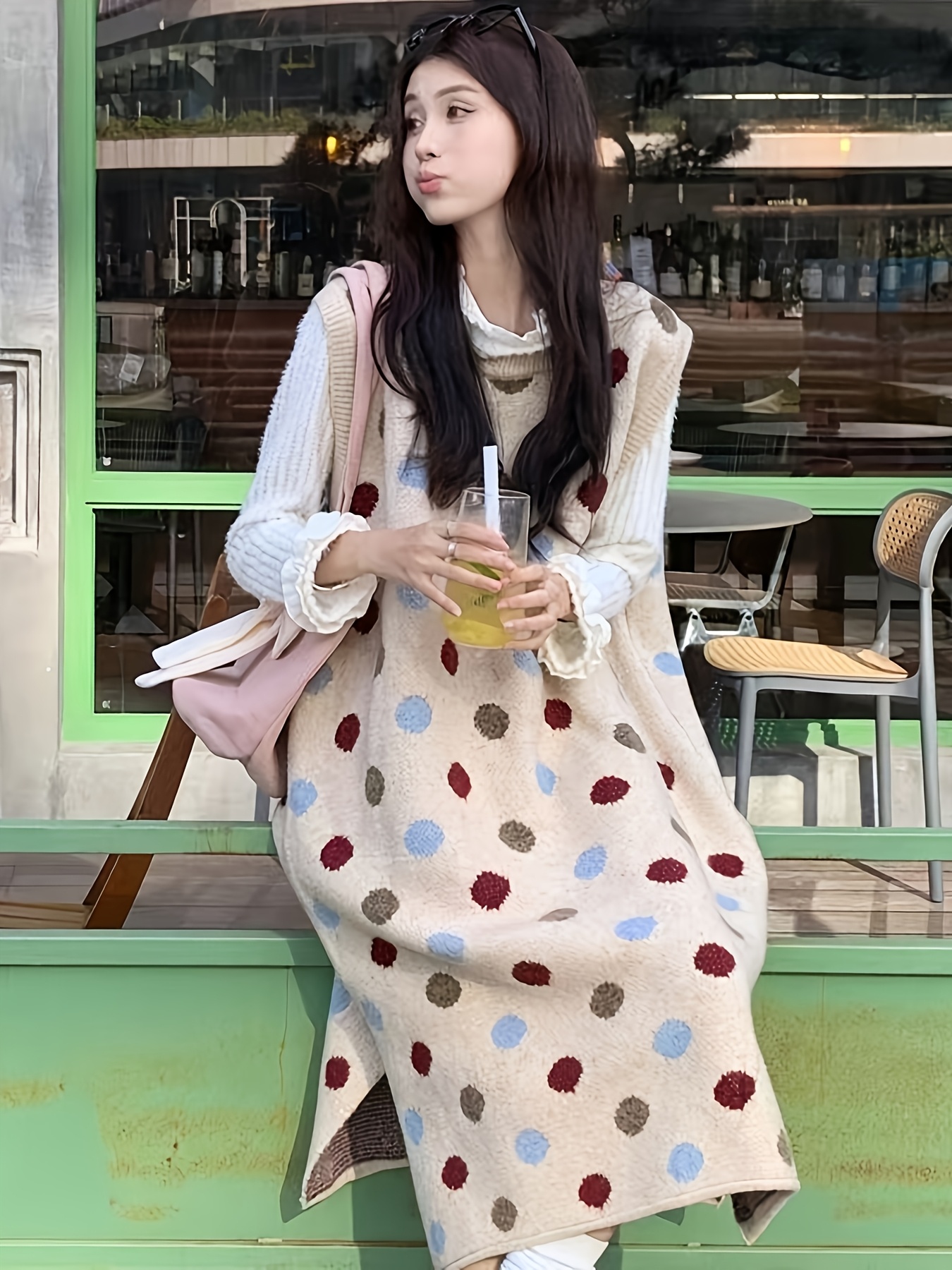 Autumn/Winter * Colorful Polka Dot Contrast Vest Dress Fashion Casual  Versatile Round Neck Long Dress