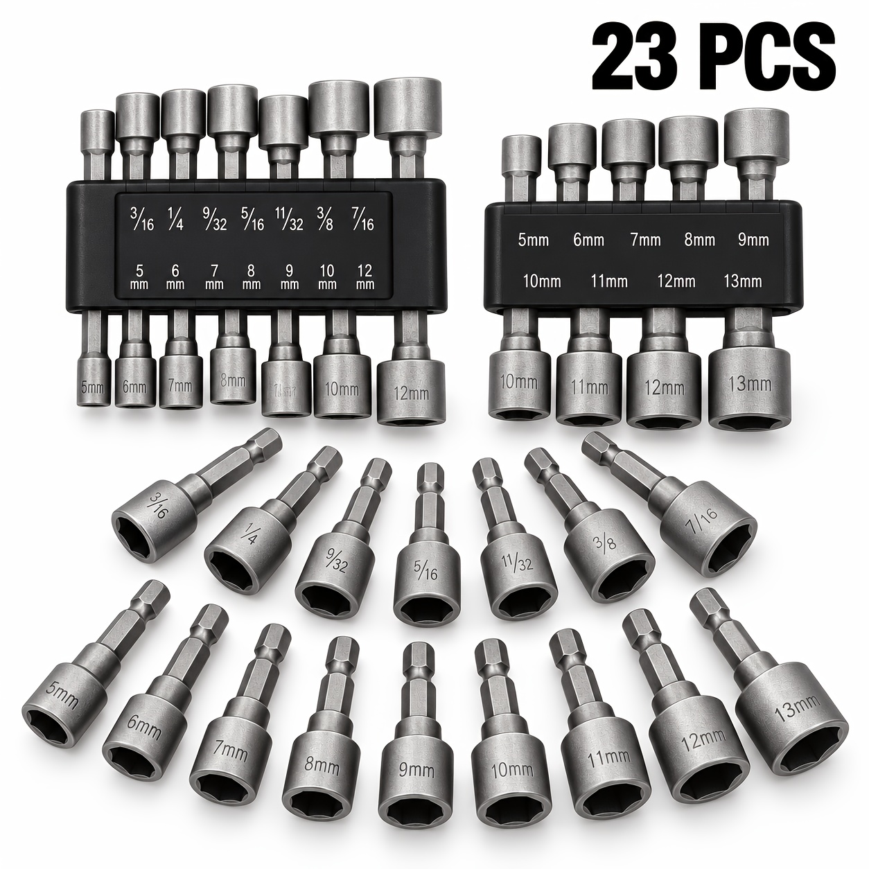 TEMU 23pcs Heavy Duty Magnetic Hex Nut Driver Socket Set, /4" Hex Shank Impact Grade Socket Wrench Bits, Fits Electric Drill Screwdriver, Automotive