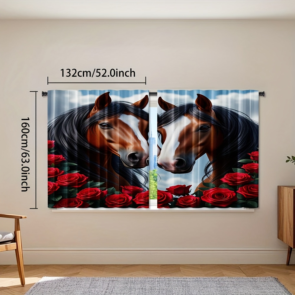 TEMU 2pcs Horse & Rose Pattern Polyester Door Curtains - Light Filtering Rod , Vibrant Wedding & Holiday Decor For Bedroom, Living Room, Office -