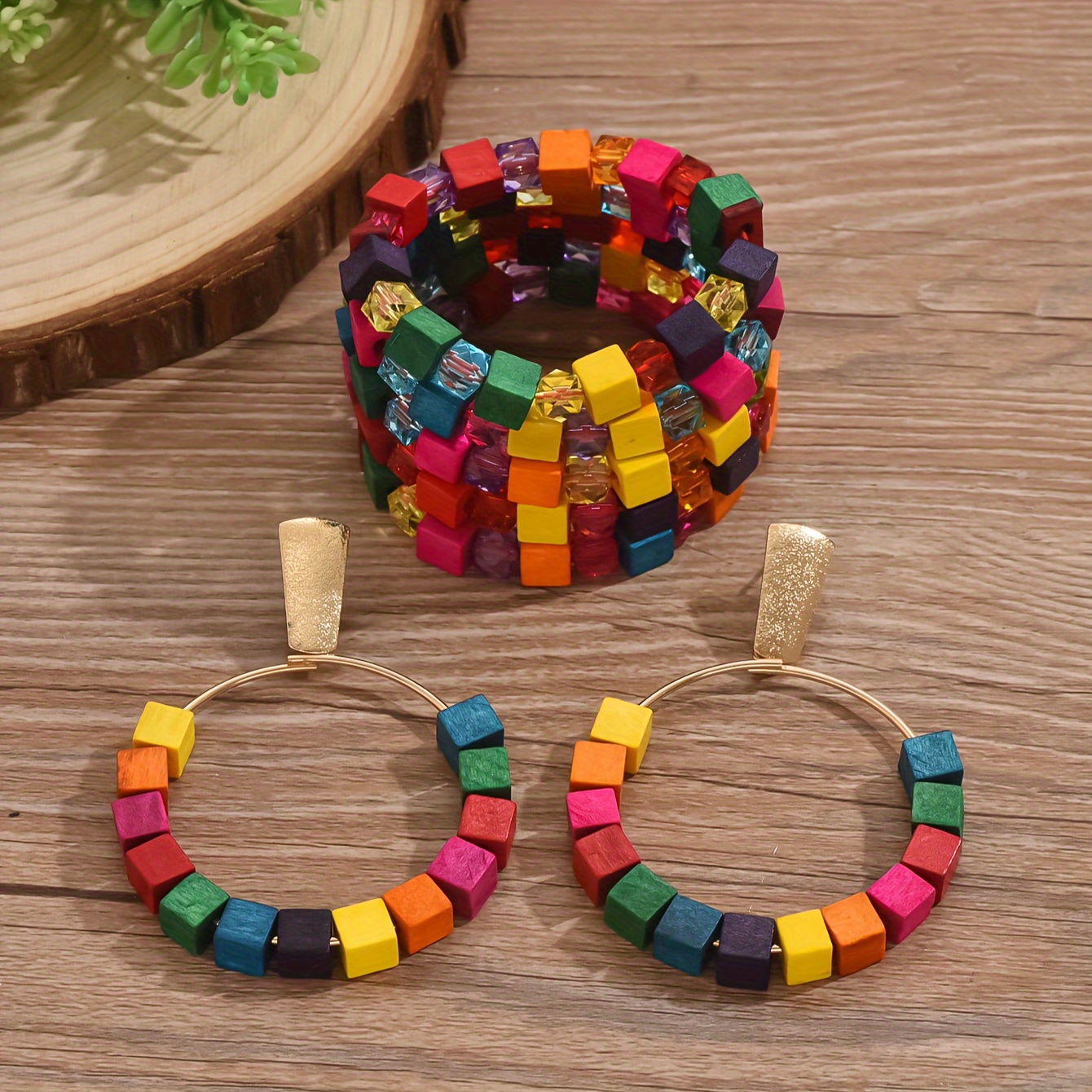 

Boho-chic 7-piece Wooden Bead Jewelry Set With Colorful Bracelets & Hoop Earrings - Perfect For Daily Wear, Beach Parties, And Music Festivals Boho Jewelry For Women Bohemian Jewelry