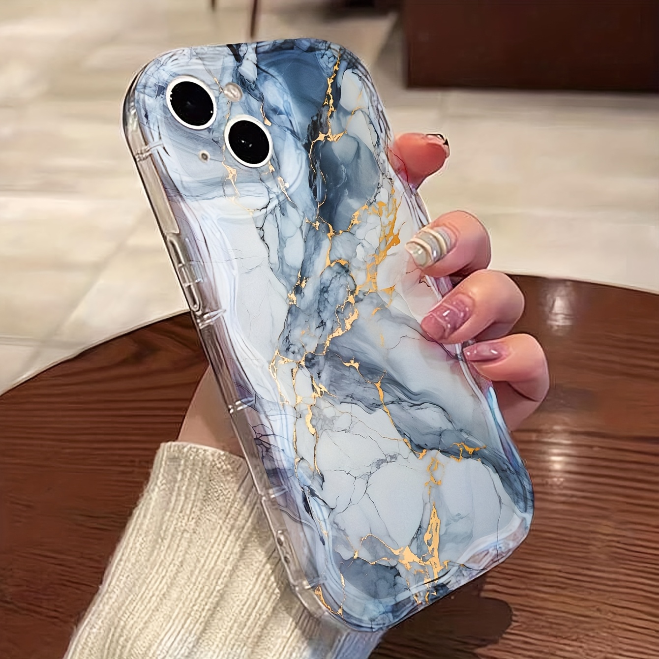 スマホケース】おしゃれなブルーの模造石柄 大理石柄 iphone 16 pro