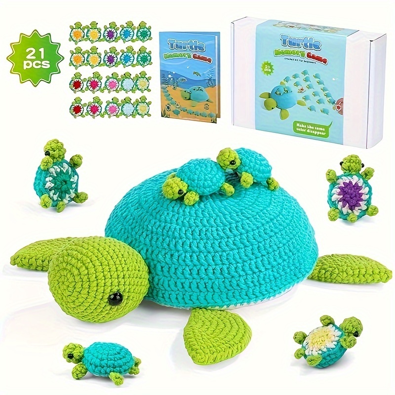 

21 Pièces Kit de Famille de Tortues au Crochet à Faire Soi-Même pour Adultes avec Tutoriels Vidéo - Ensemble Complet de Fils de Tissu avec Accessoires, Jeu de Mémoire, Projet d'Animal au Crochet