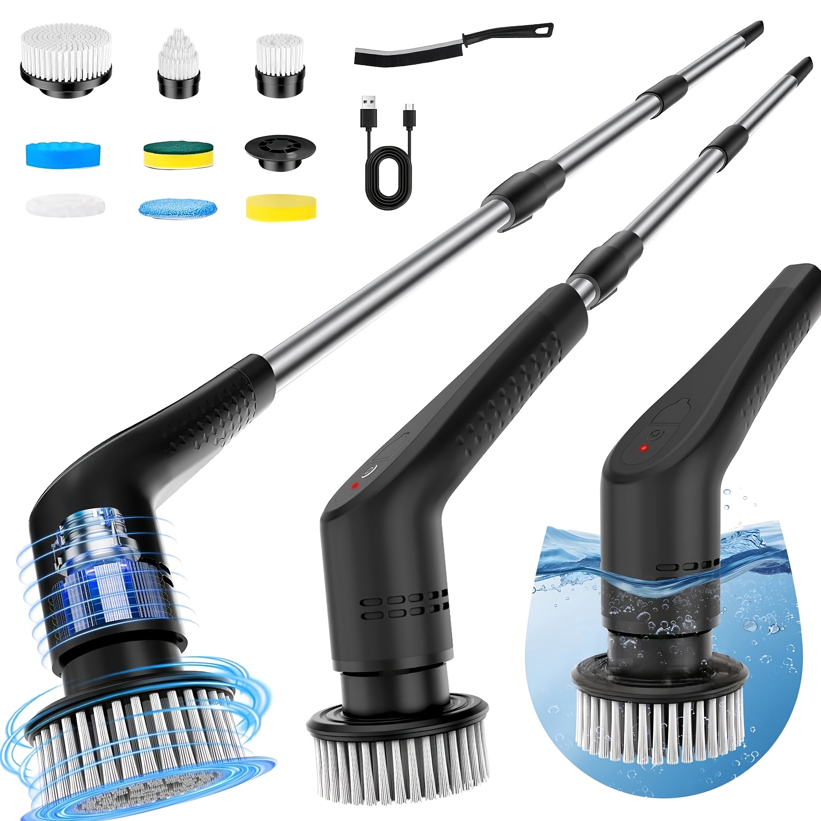 TEMU Brosse de Nettoyage Rotative Électrique Pratique 9 en 1, Brosse de Douche Fil, Tête de Brosse Remplaçable, Manche Télescopique Réglable, Équipée