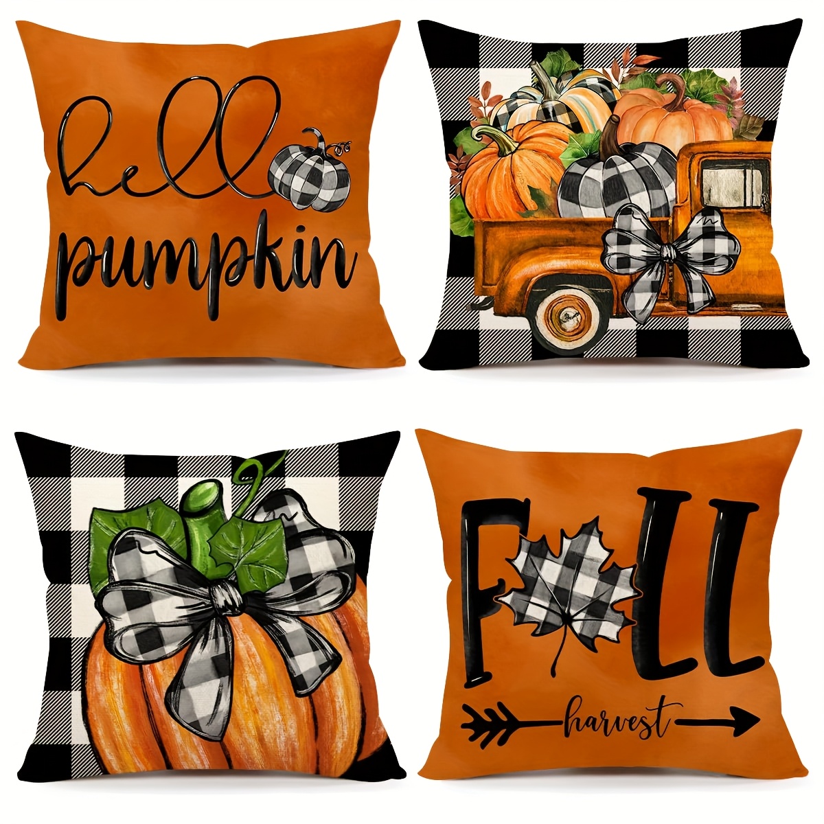 TEMU Set Of 4 18x18 Inch Pillow Covers Featuring An Theme With Pumpkins, A Truck, And A Buffalo Check Pattern. Ideal For Thanksgiving Decoration In