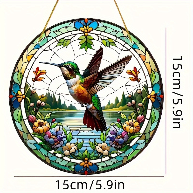 TEMU 2d Flat 1pc, Stylish Hanging Ornaments - Colorful Hummingbird Stained Pendant - Round Acrylic Hanging Decoration For Window, Porch & Wall -