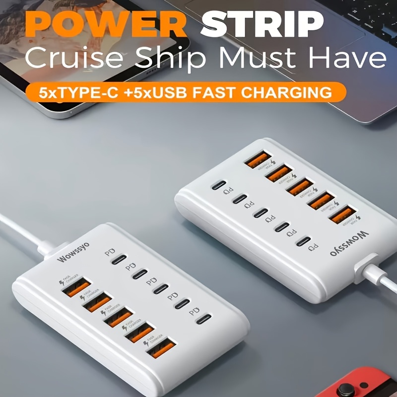 Wowssyo 10-v-1 podaljšek: 5X Type-C PD + 5X USB-A priključki, adapter za hitro polnjenje, USB napajalna vtičnica za prenosnike, tablice in več