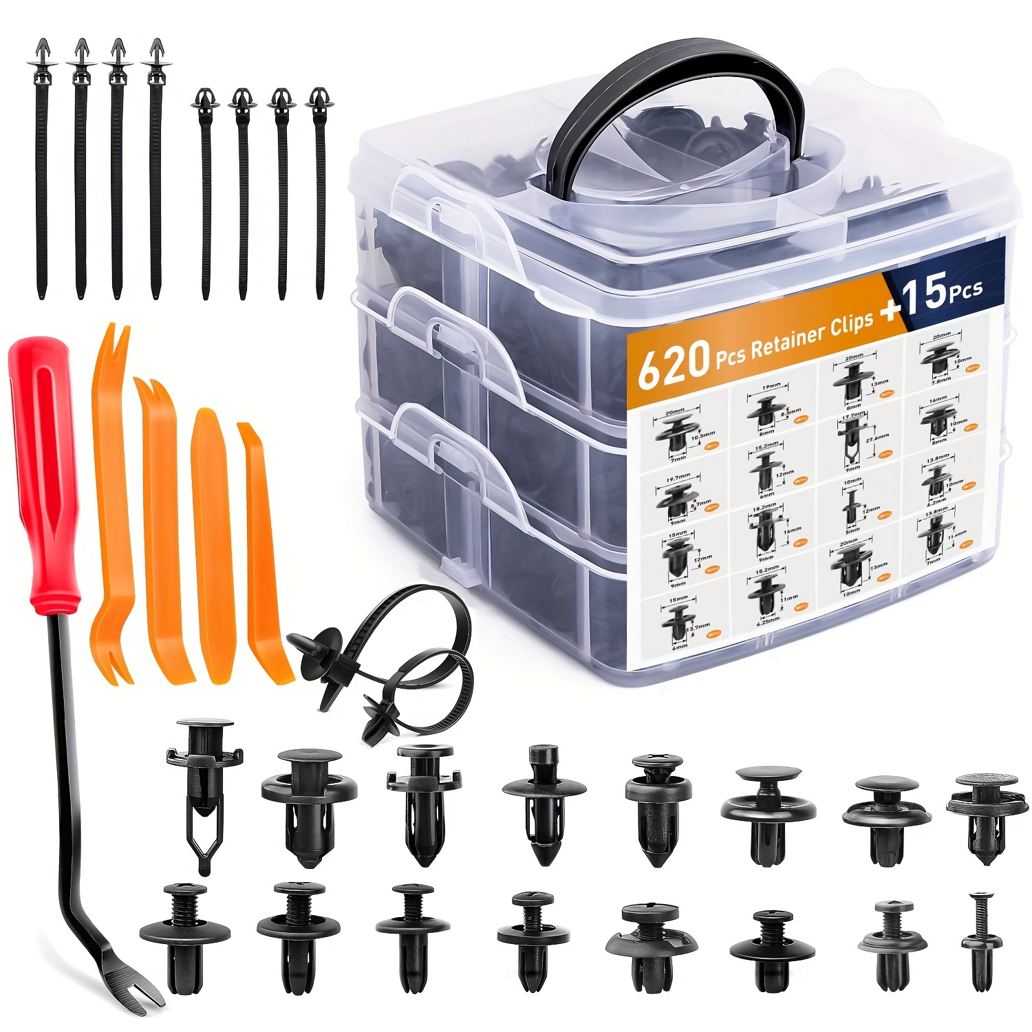 TEMU 635pcs Car Push Retainer Clips & Auto Fasteners Assortment -16 Most Popular Sizes Nylon Bumper Fender Rivets With 10 Cable Ties And Fasteners Remover