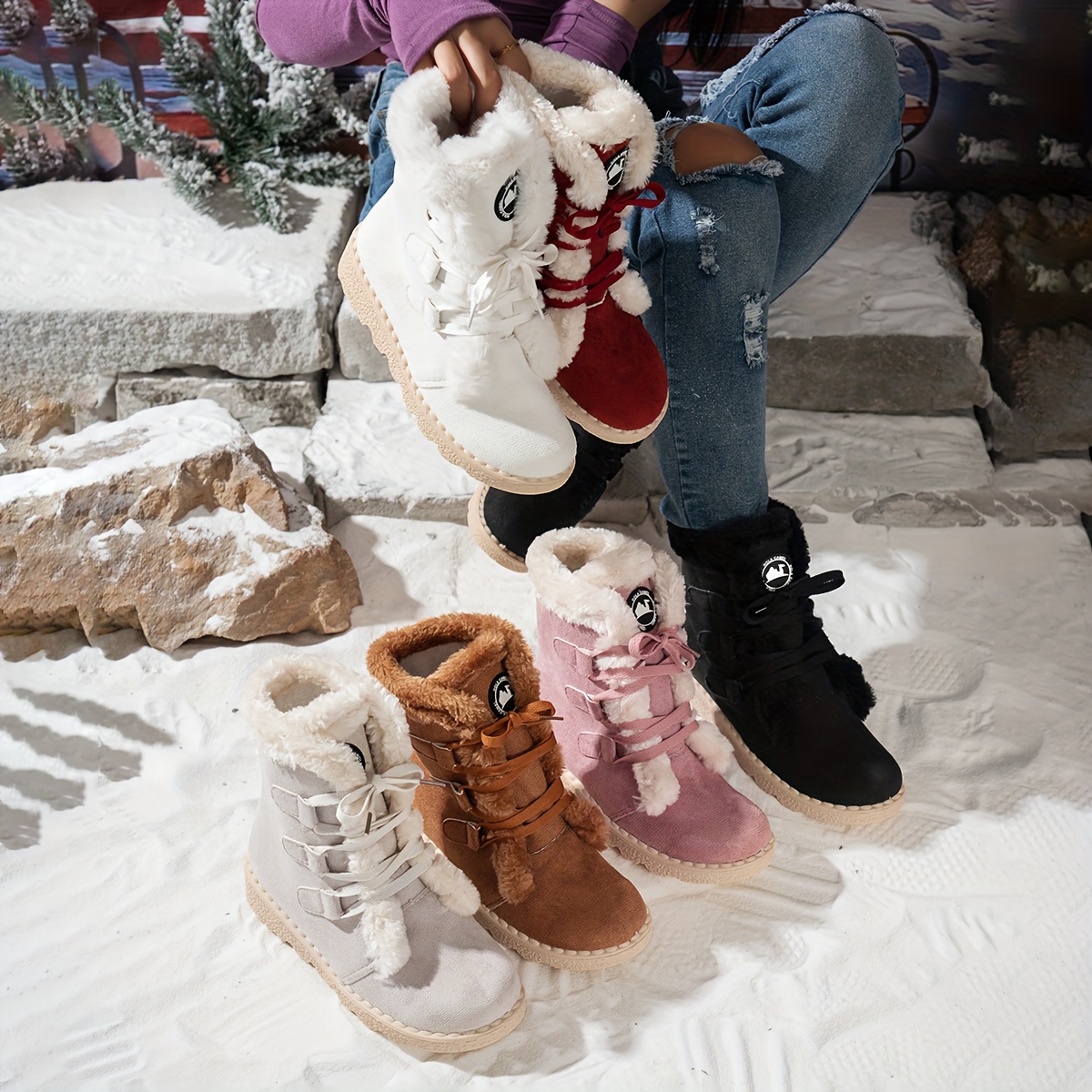 womens warm winter boots with plush faux collar red laces thick platform   calf lace up round toe boots cushioned insole arch support pu cover like pu synthetic cover hand washable cold weather shoes for   wear women shoes 4