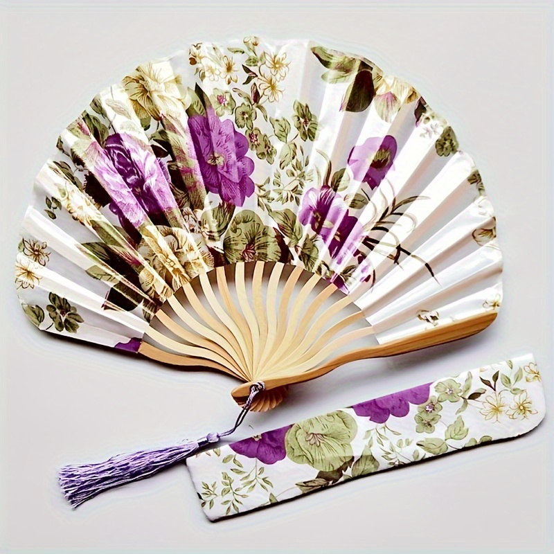 

Elegant Retro Spun Silk Folding Fan Set With Bamboo Skeleton And Floral Pattern, Includes Satin Bag, Craft Fan For Daily Use, Performance, And Dance - Suitable For Women And Men