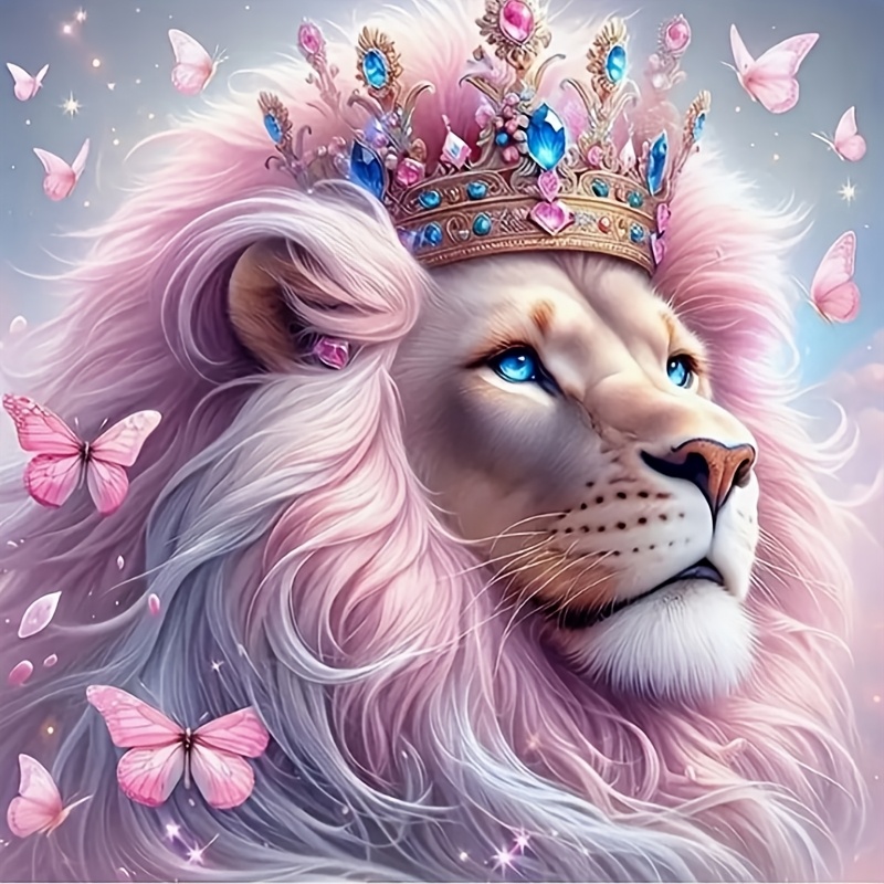 TEMU 20x20cm Frameless Diamond Painting Pink Lion With Crown And Butterflies Square Wall Art