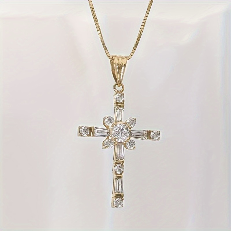 Image of Elegant Golden Cross Inlaid Zirconia Pendant Necklace Women Men Casual Wear Fashion Accessory