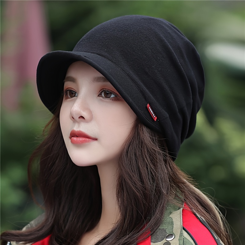 

Chic Solid Color Beanie With Brim - Soft, Stretchy & Breathable Knit Cap For Women | Versatile Fashion Accessory For Autumn & Winter