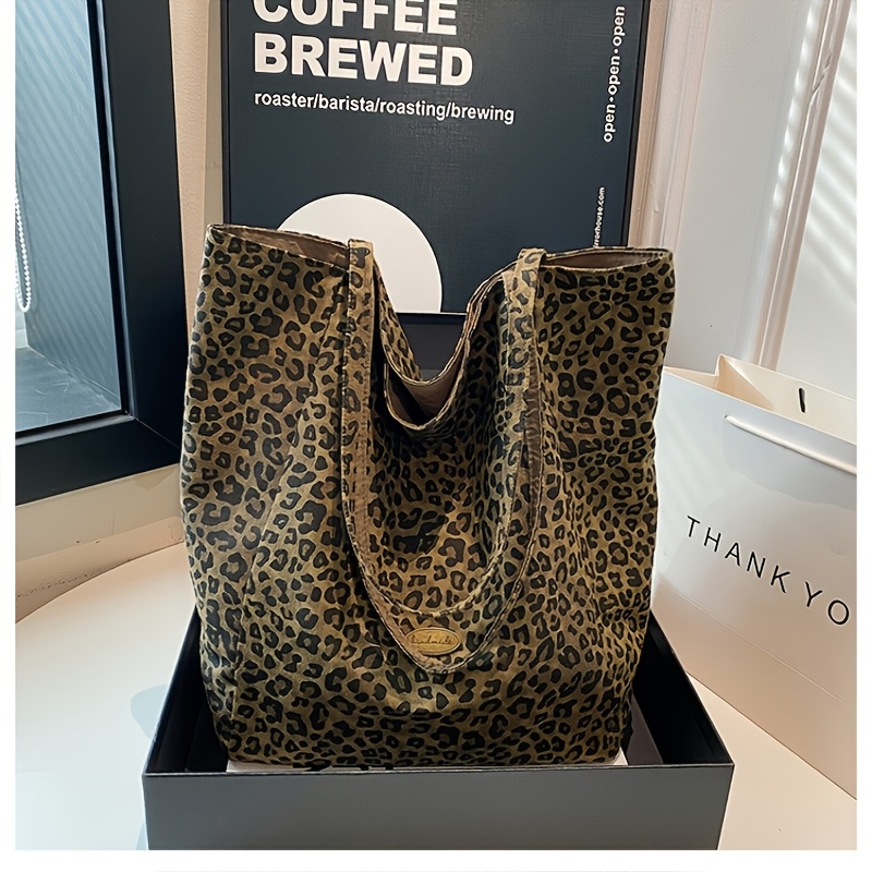 TEMU 1pc 18.5x15.7in Women's Leopard Print Large Capacity Reversible Shoulder Crossbody Bag, Minimalist Work Commuter Handbag