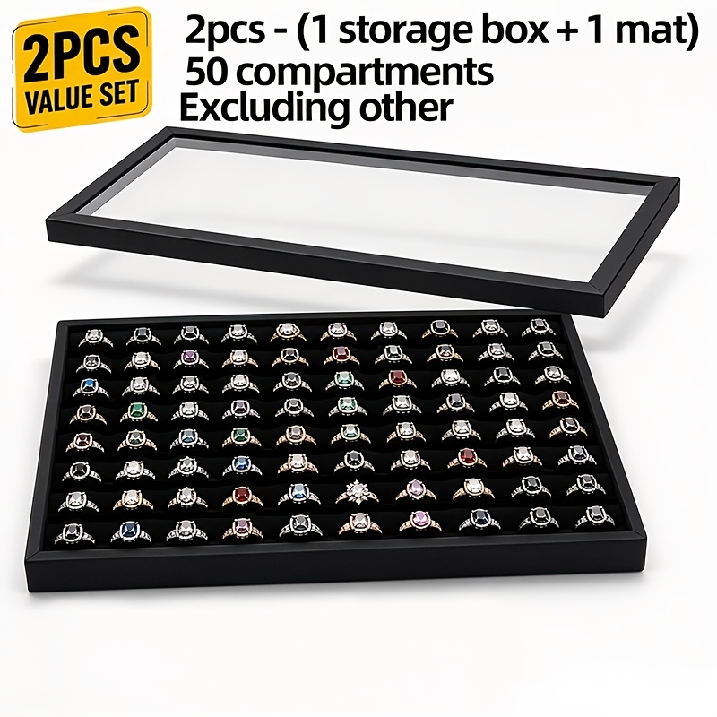 TEMU 2pcs Set (1 Storage Box + 1 Mat) 50-compartment Black Ring Display Box With Dust-proof Transparent Lid, Jewelry Storage Case With Multi-section