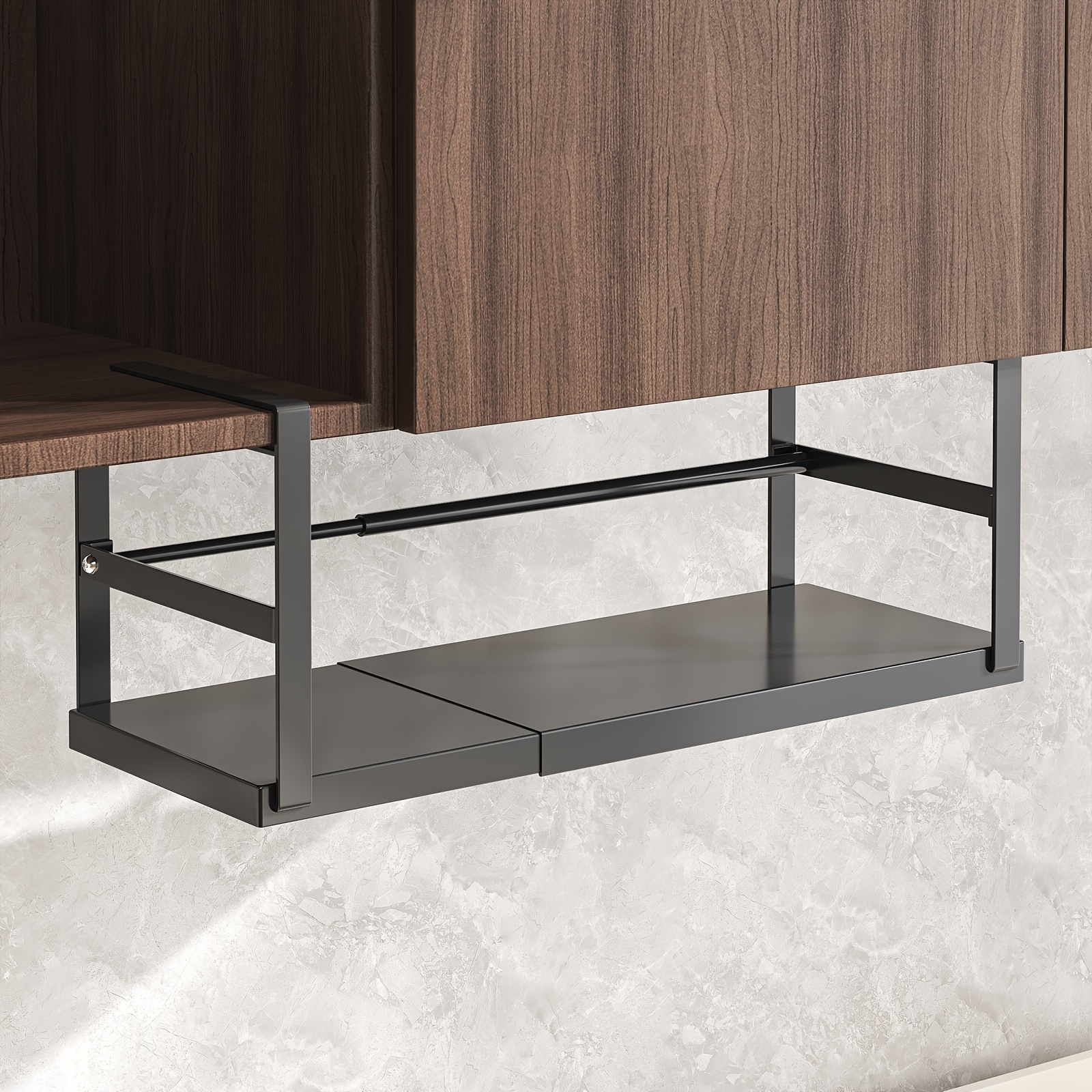 1 pieza de JIGA, estante colgante para debajo de los armarios, retráctil, sin taladrar, metal, longitud ajustable para almacenamiento de cocina y sala de estar, ideal para bandejas de especias y artículos pequeños, solución de almacenamiento de cocina | Accesorio de cocina moderno | Organizador duradero, organizadores y almacenamiento de cocina 1