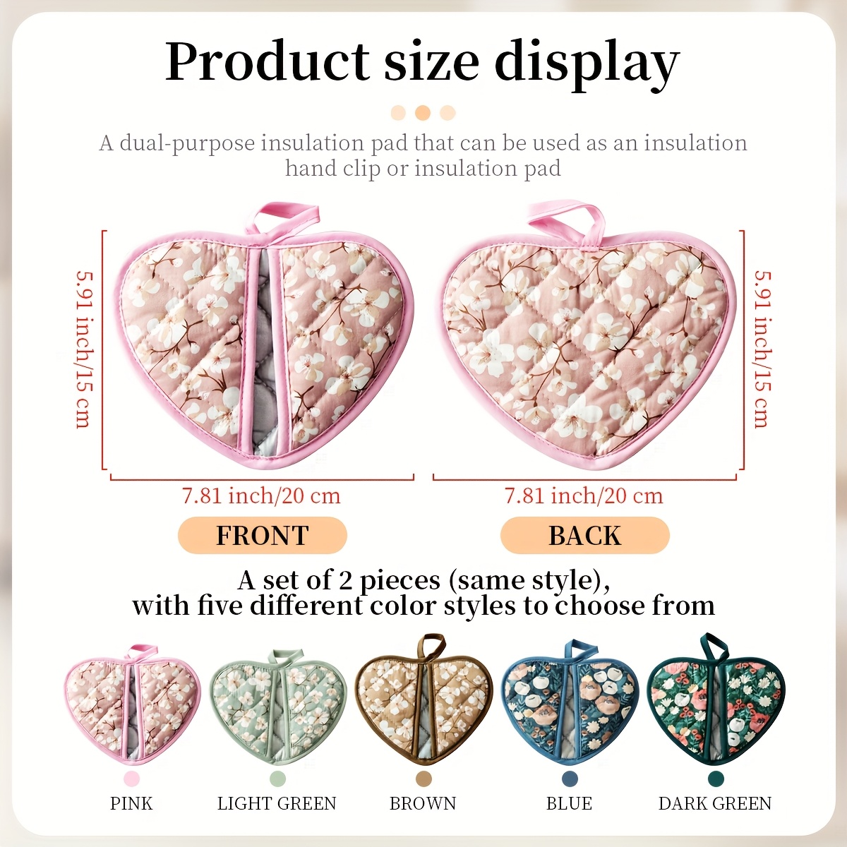 2pcs Heart-Shaped 15.01 X 19.84 cm Thickened Fabric Insulated Pads And Placemats Set, Vintage Floral Print High-Temperature Resistant Multi-Purpose Hanging Coasters, for Placing Cups, Water Bottles, And Bowls, Suitable As Mother'S Day Gift