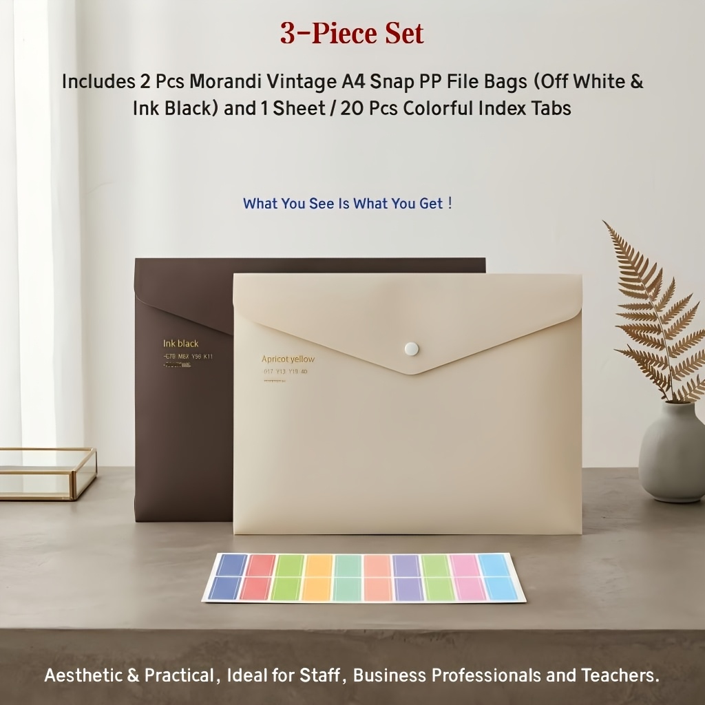 TEMU 3pcs Set: 2 Morandi Vintage A4 Snap Document Bags And 1 Sheet (20pcs) Colorful Index Tabs - Frosted Pp Material File Folder, Nordic Minimalist