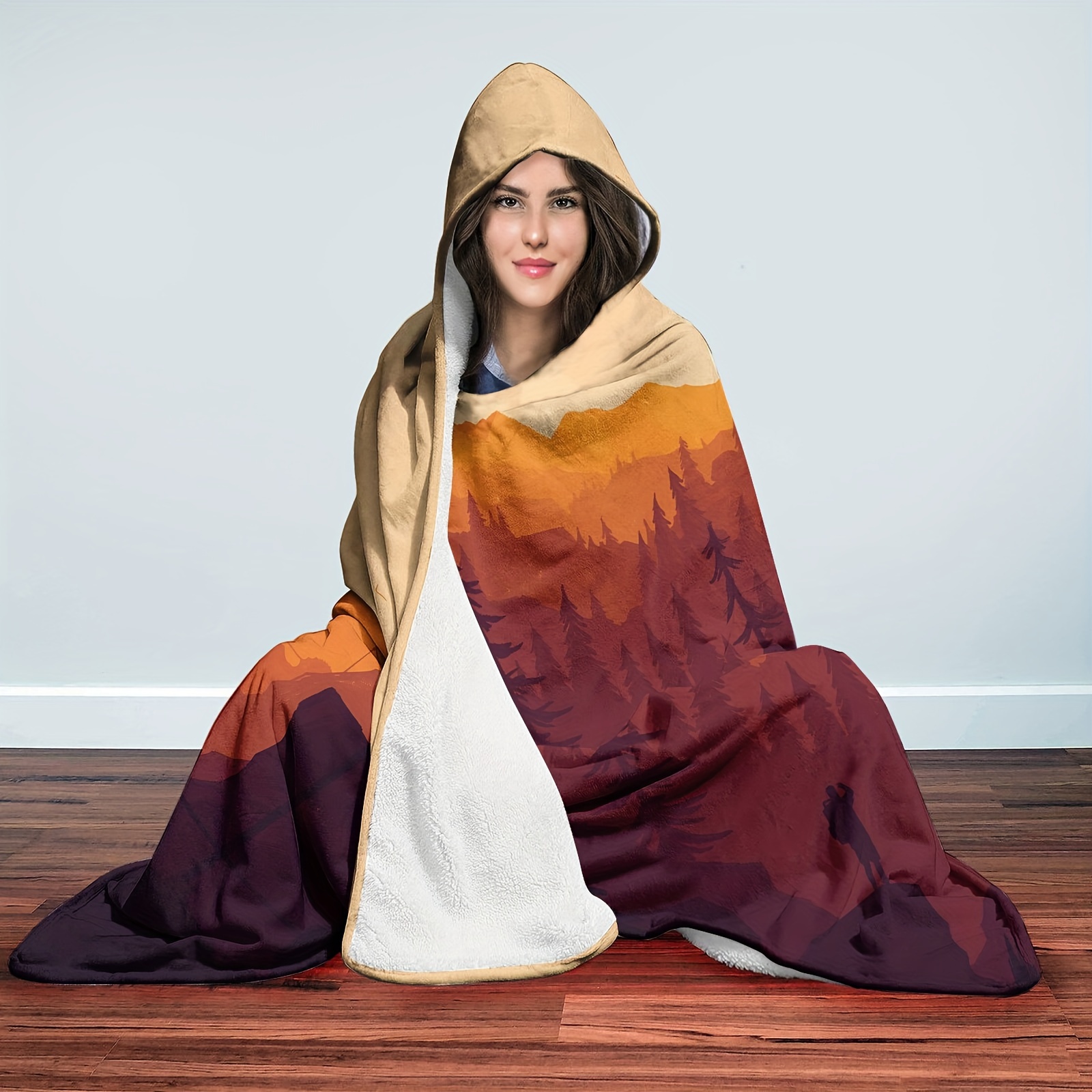 TEMU Cozy Camping-themed Hooded Blanket - Soft, Warm Flannel With | Sofa, Office, Bed & Travel