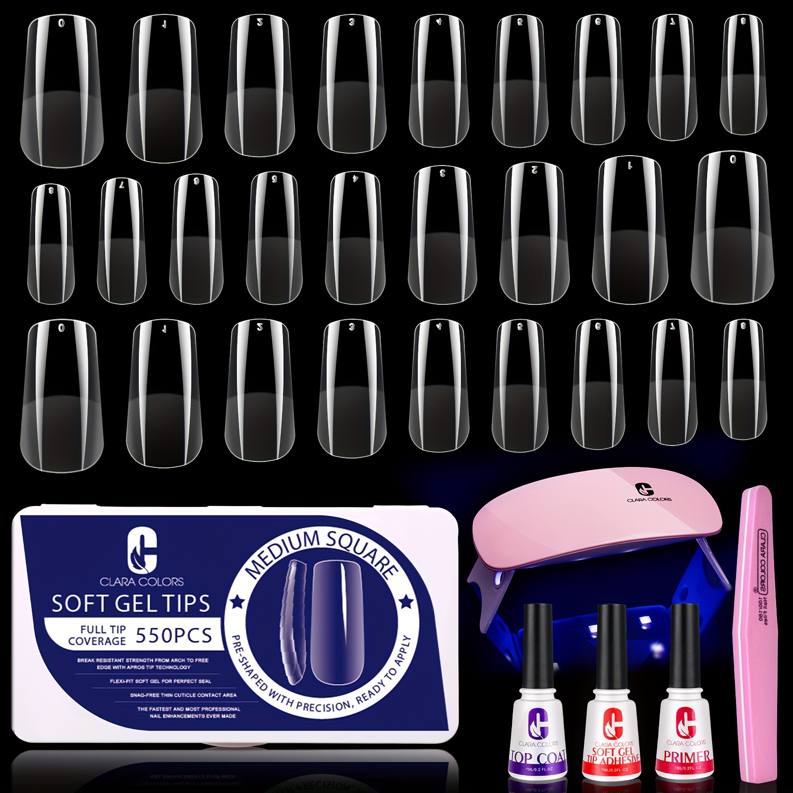 

Clara Colors Nail Tips And Glue Gel Kit, 550pcs Full Cover Soft Gel Fake Nails Tips And Nail Glue Kit With Led Nail Lamp, Medium Square Artificial False Nails Tips For Acrylic Nail