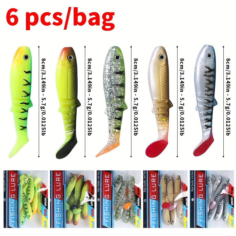 

30pcs 6pcs Leurres d' de Poisson, Queue en T avec Œil 3D, 8cm 5.7g, Leurre de Adapté à la Pêche en Eau Douce et Salée